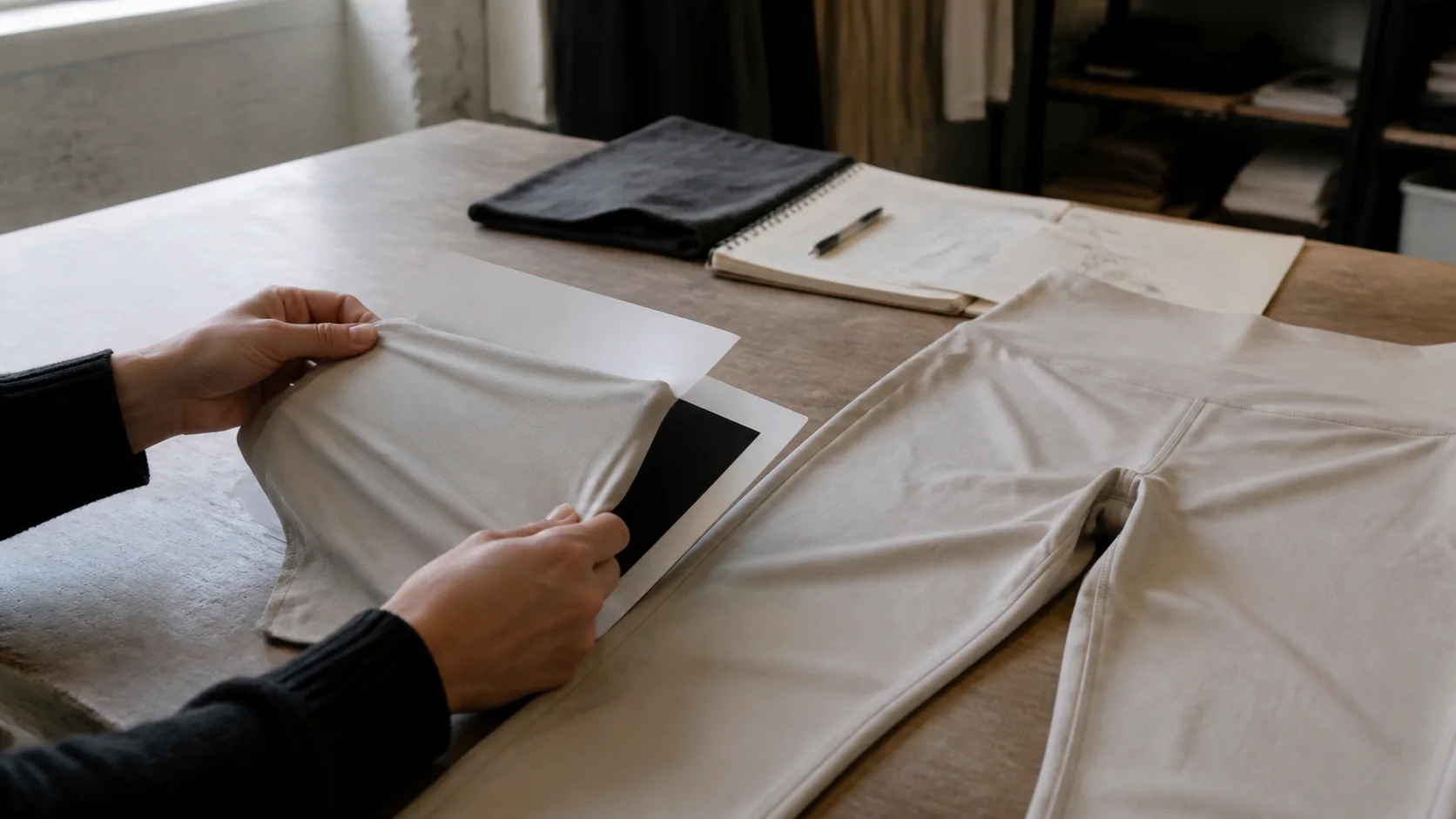 Hands reviewing pale yoga fabric over contrasting backing beside a finished light legging