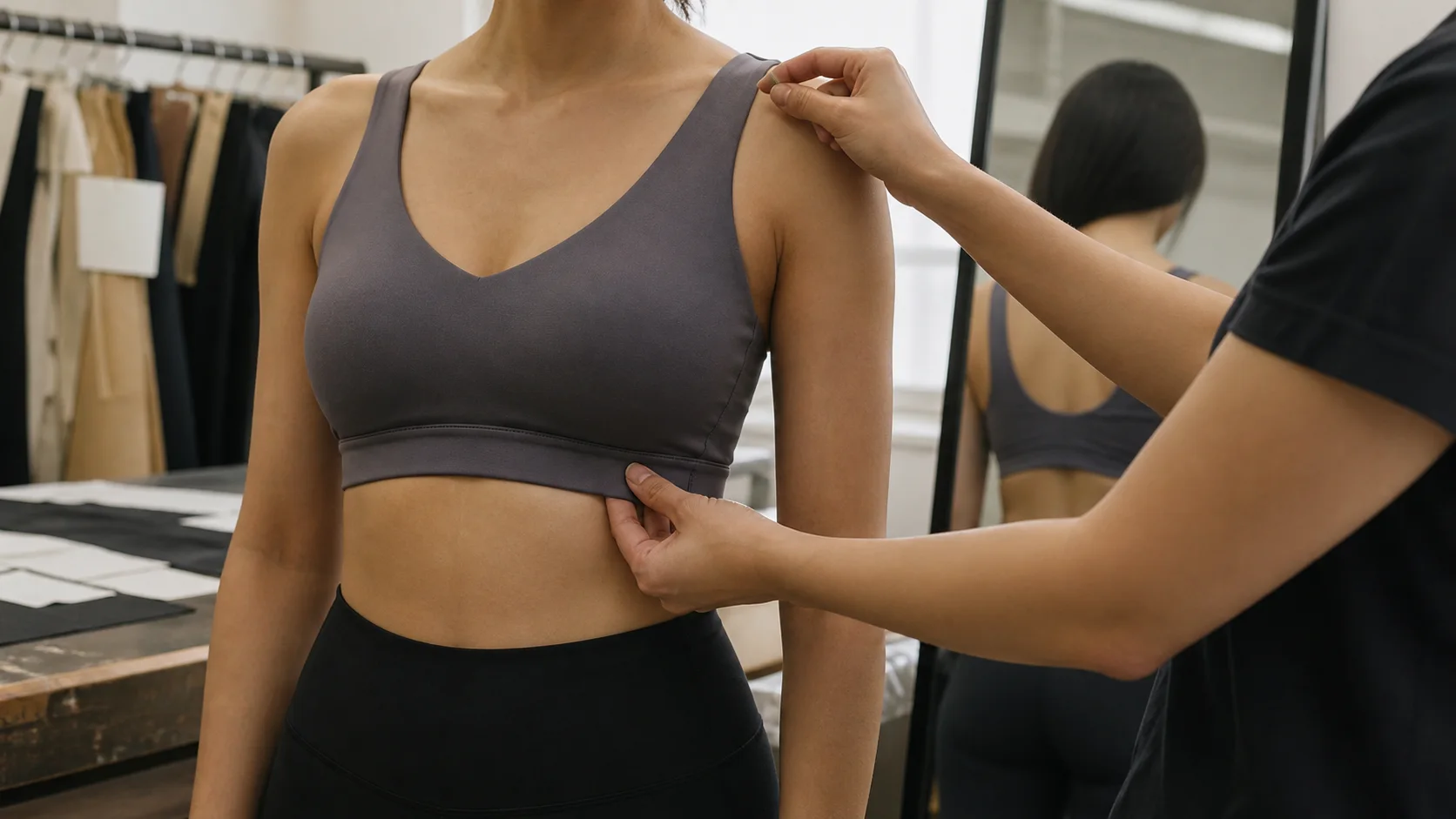 Fit technician reviewing the strap and underband position of a grey low-impact sports bra