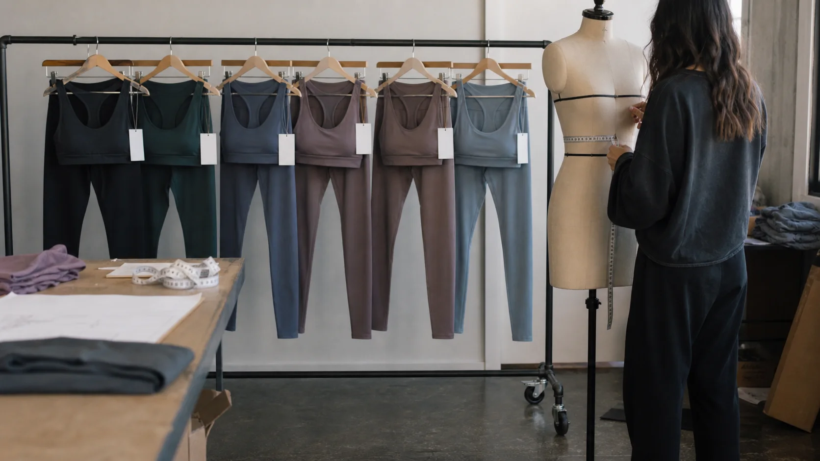 Yoga sets on a rolling rack beside a technician measuring a professional dress form