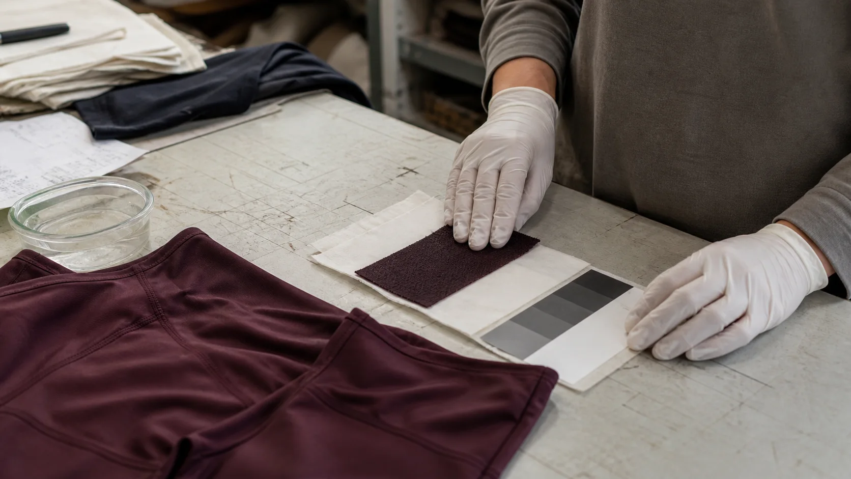 Technician comparing a burgundy fabric swatch with adjacent fabric and a grey scale on a workbench