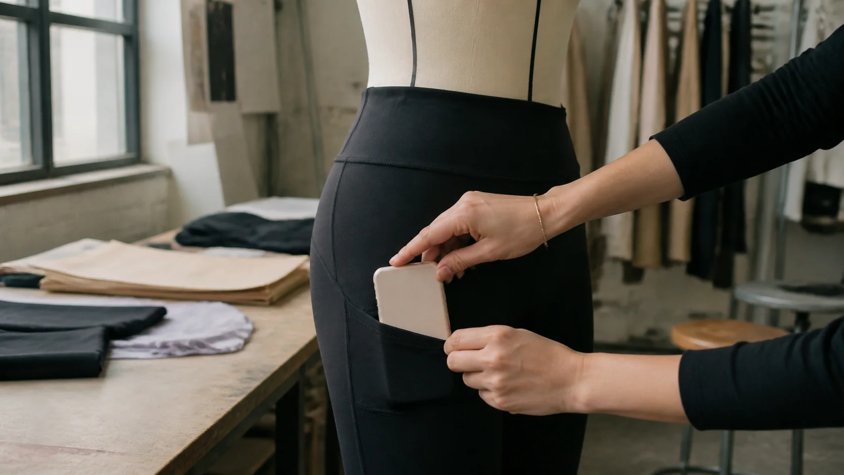 Technician placing a phone-sized object into the side pocket of black leggings on a dress form