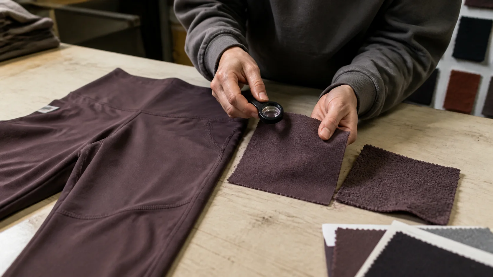 Technician examining a plum brushed knit swatch with a handheld magnifier
