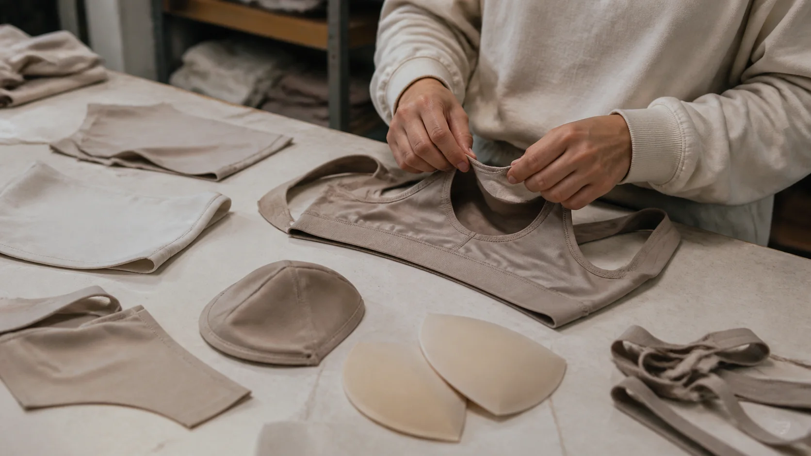 Technician reviewing sports-bra lining pieces and removable and sewn cup samples on a table