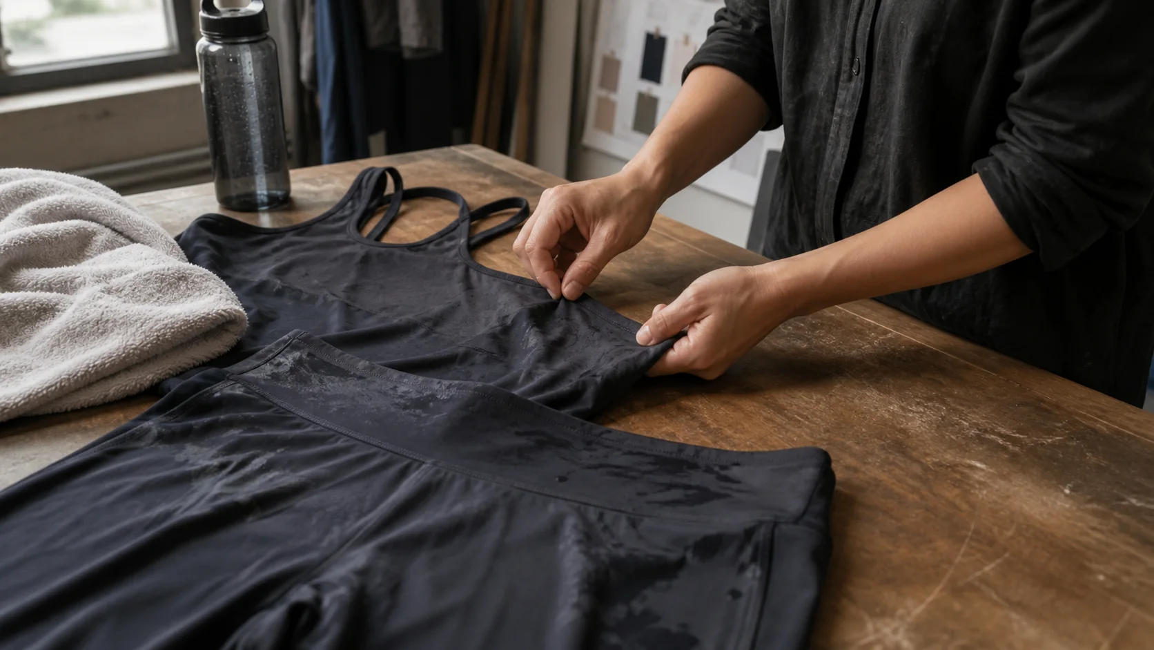 Product developer reviewing a damp dark yoga set beside a towel and water bottle