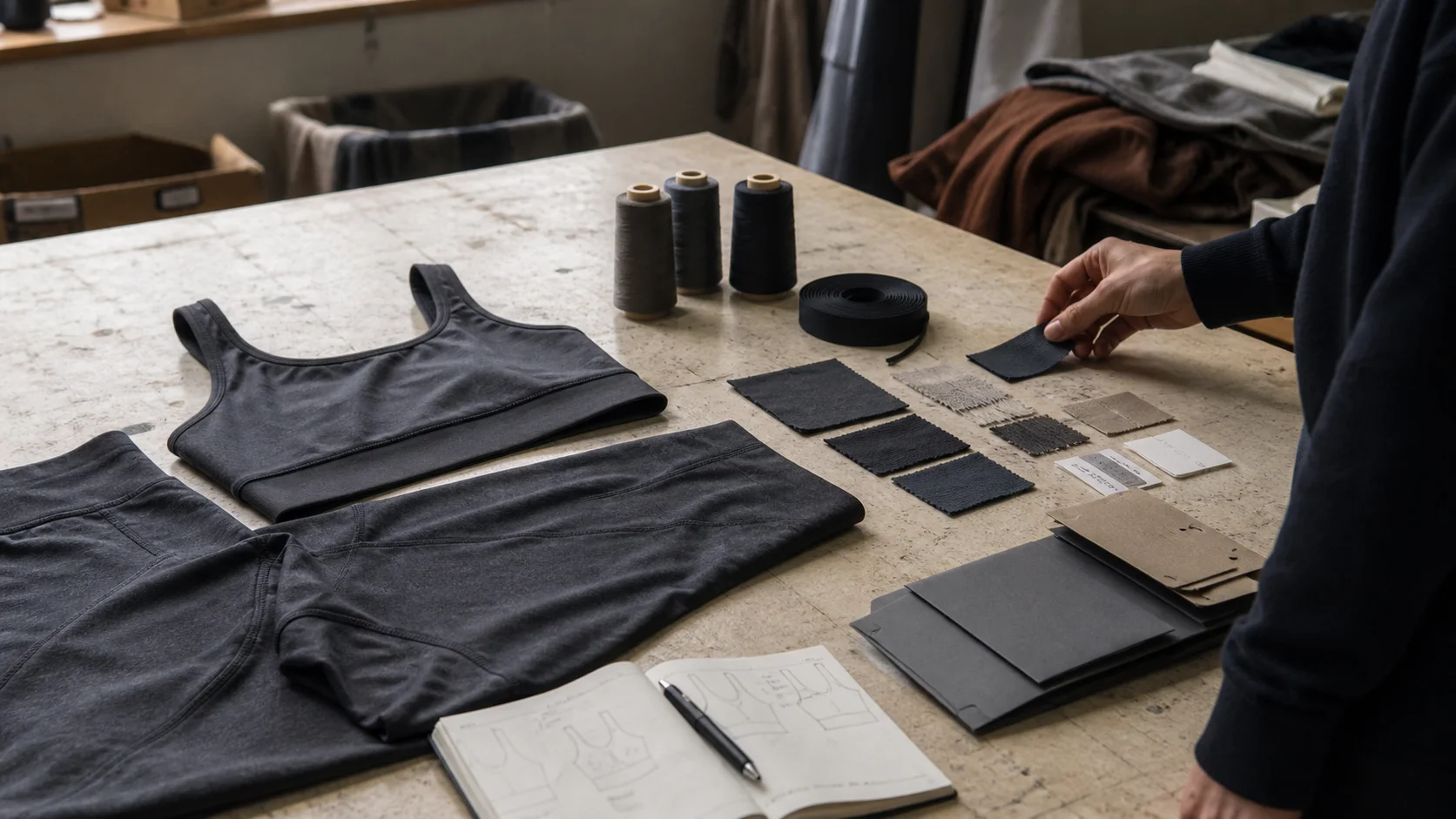 Charcoal yoga set, swatches, thread, elastic and blank packaging components on a review table