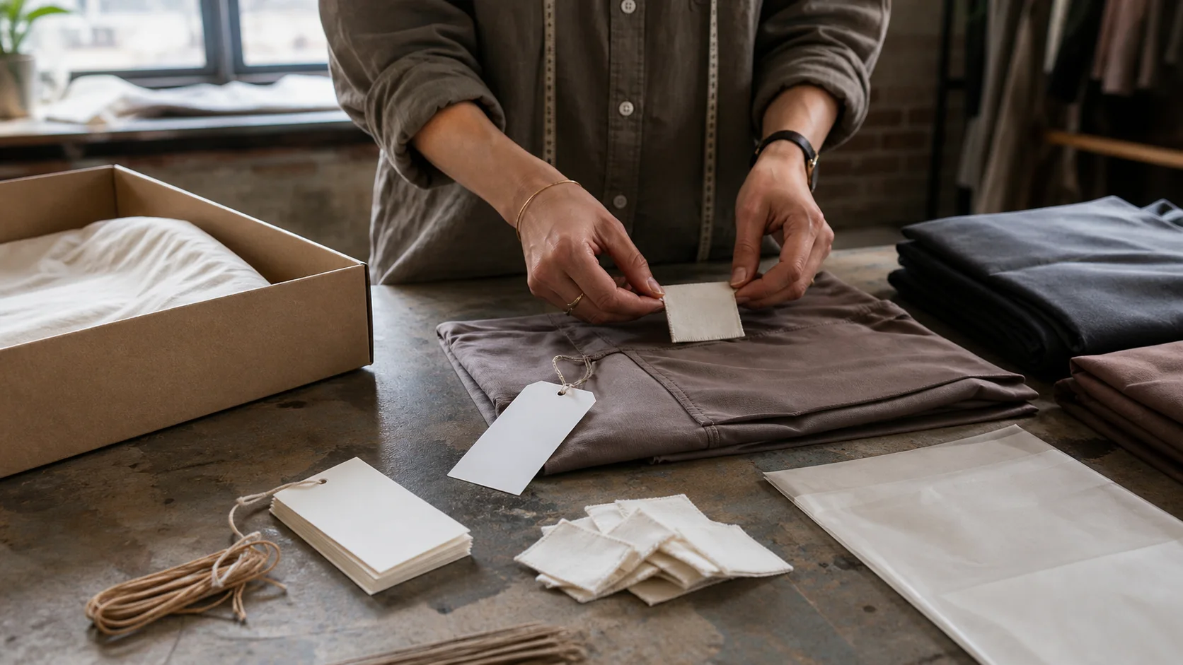 Hands checking blank woven labels and hangtags beside folded yoga garments and packaging samples