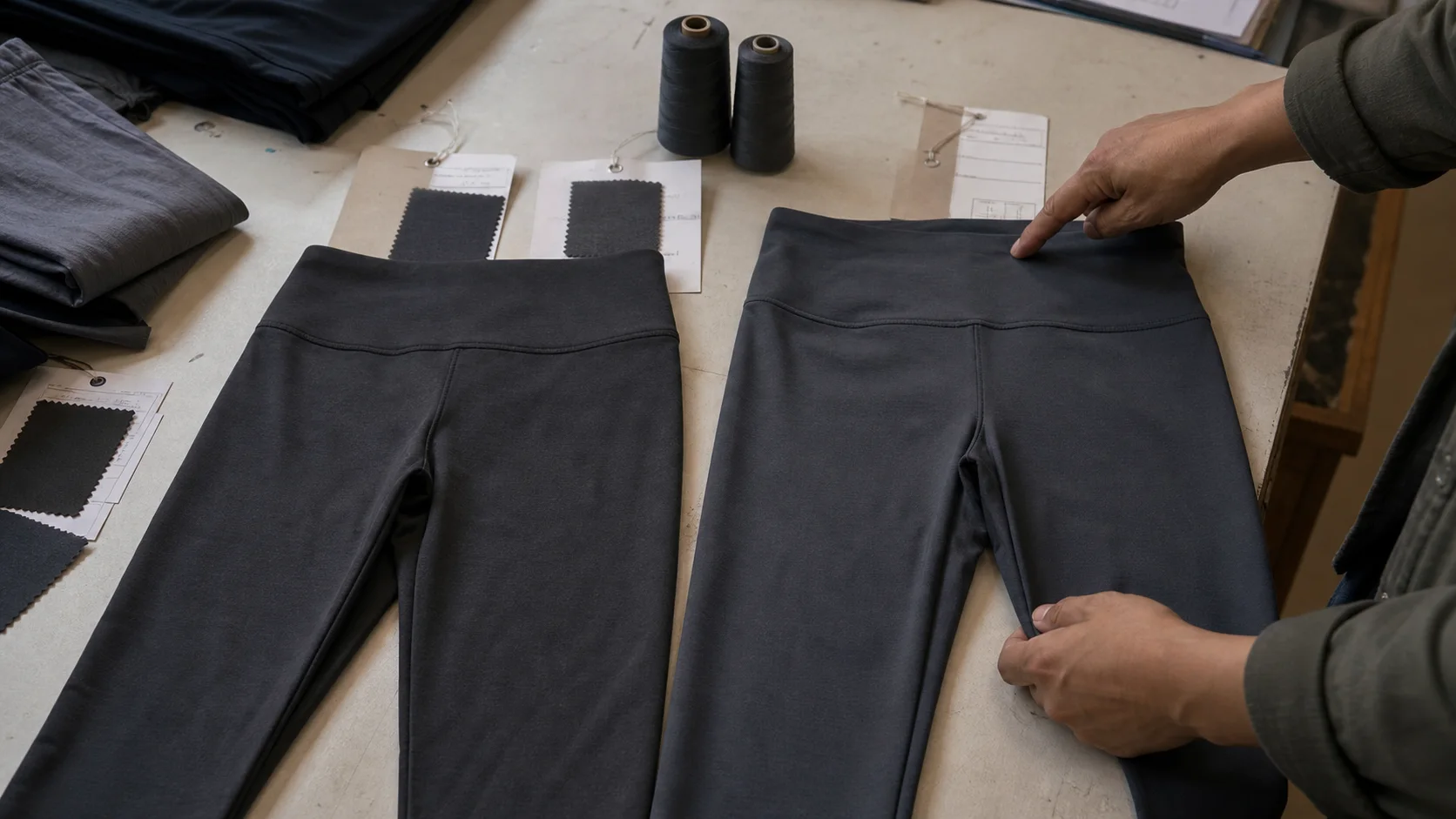 Illustrative comparison of two charcoal leggings and fabric references
