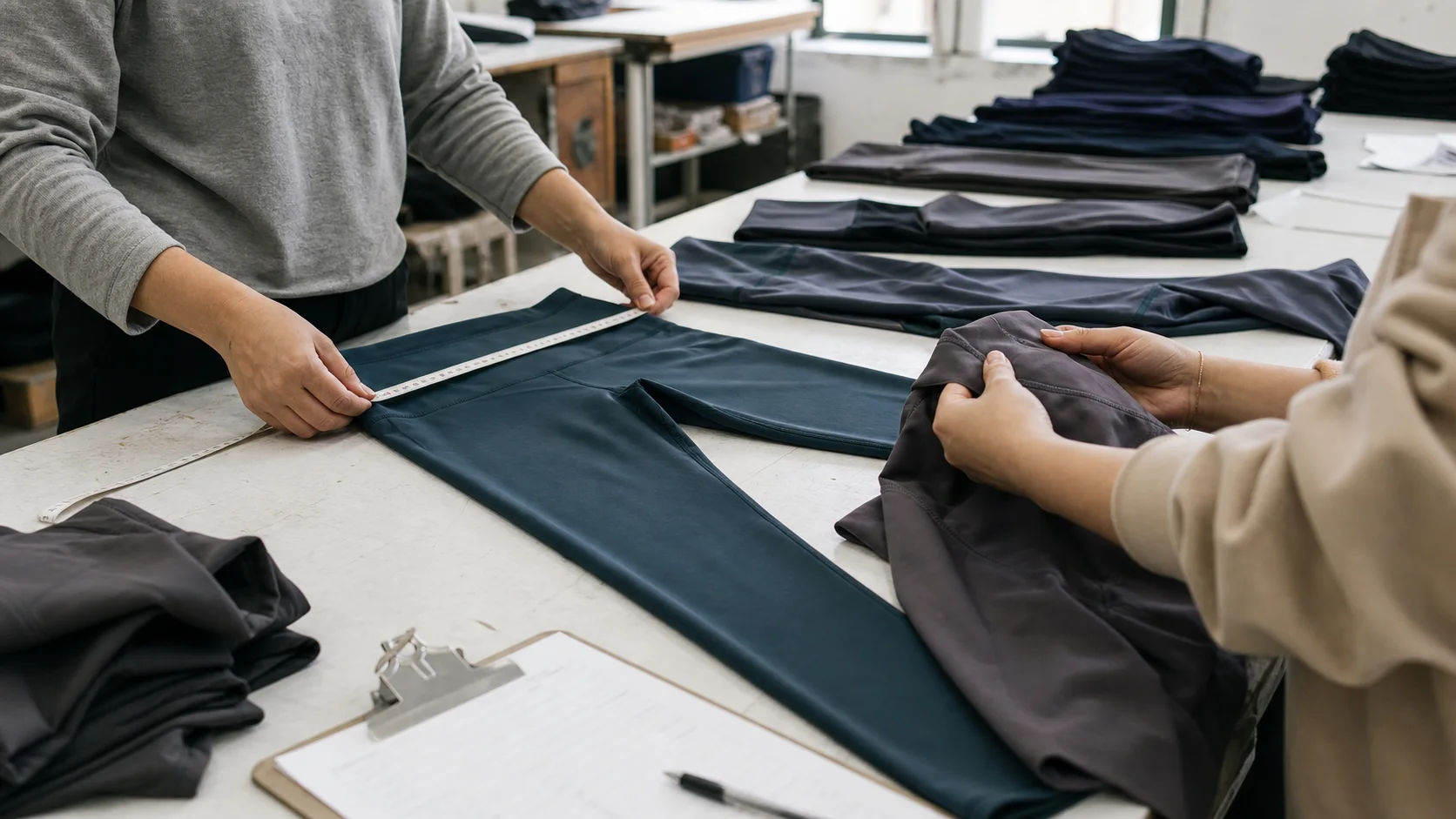 Two quality inspectors measuring and reviewing finished yoga leggings on an inspection table