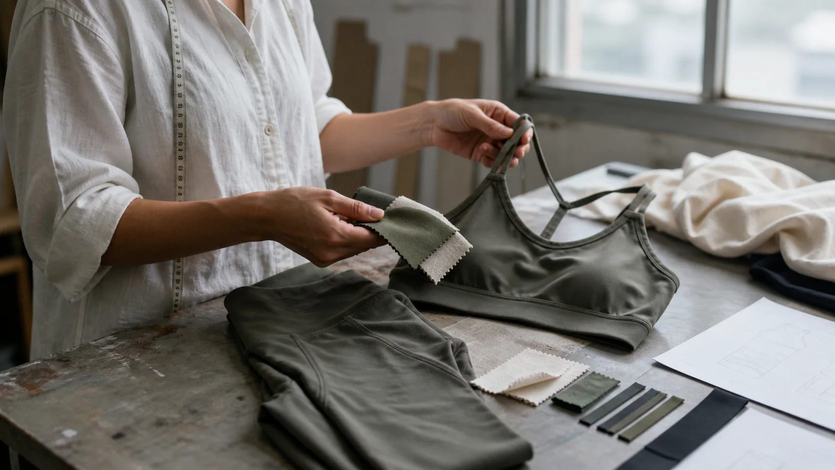 Technician comparing olive yoga-set garments with fabric and elastic swatches by a window