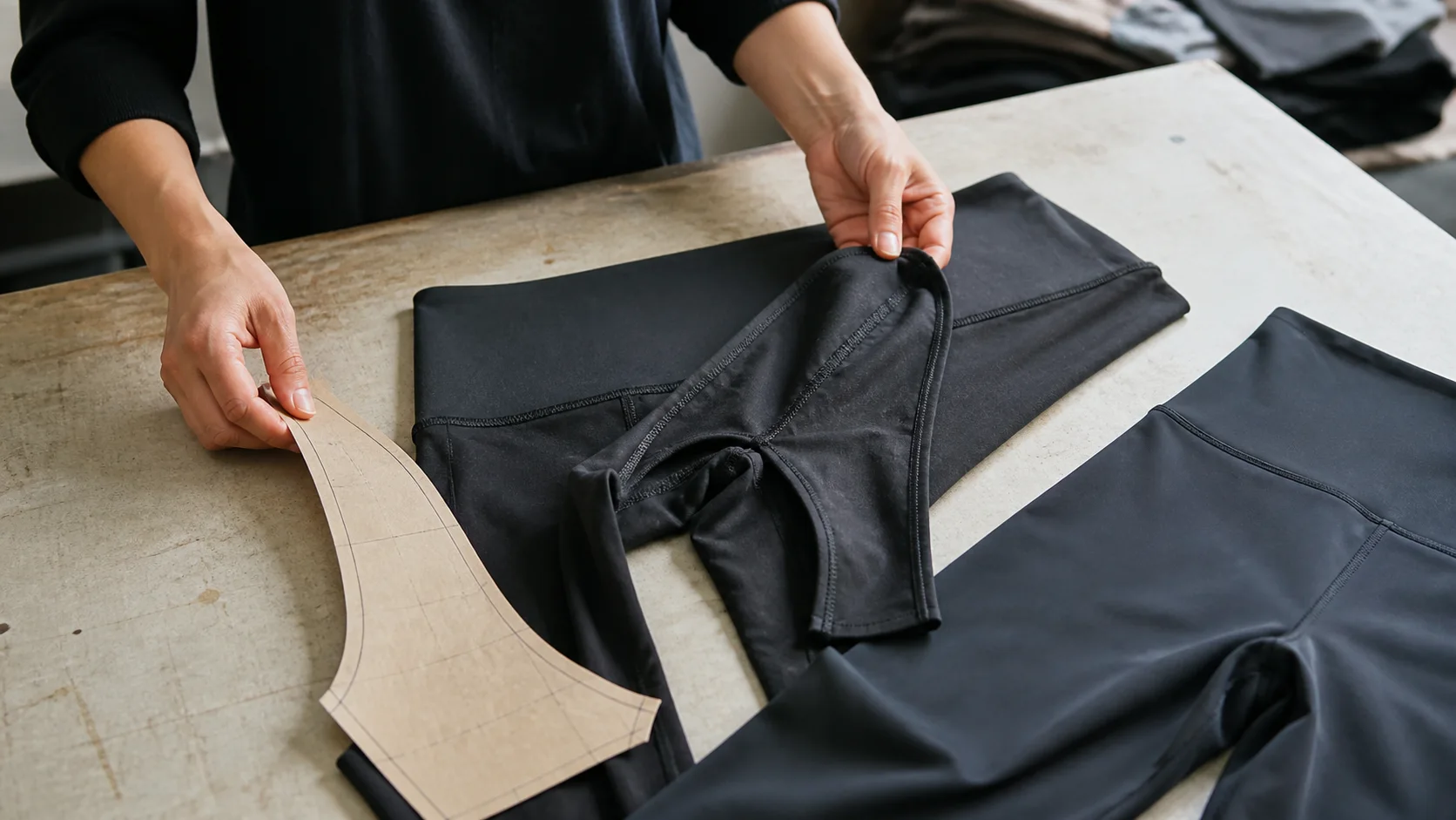 Technician reviewing the inside gusset construction of black leggings with a paper pattern piece