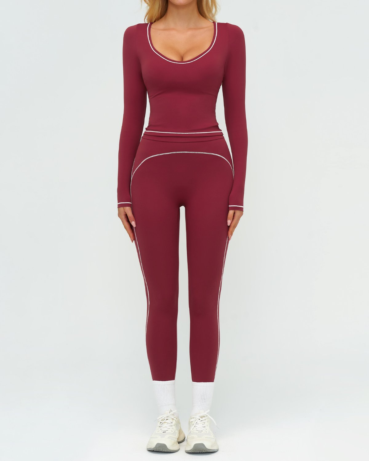 Women's Cut-and-Sew Yoga Set NS108-1 in Burgundy
