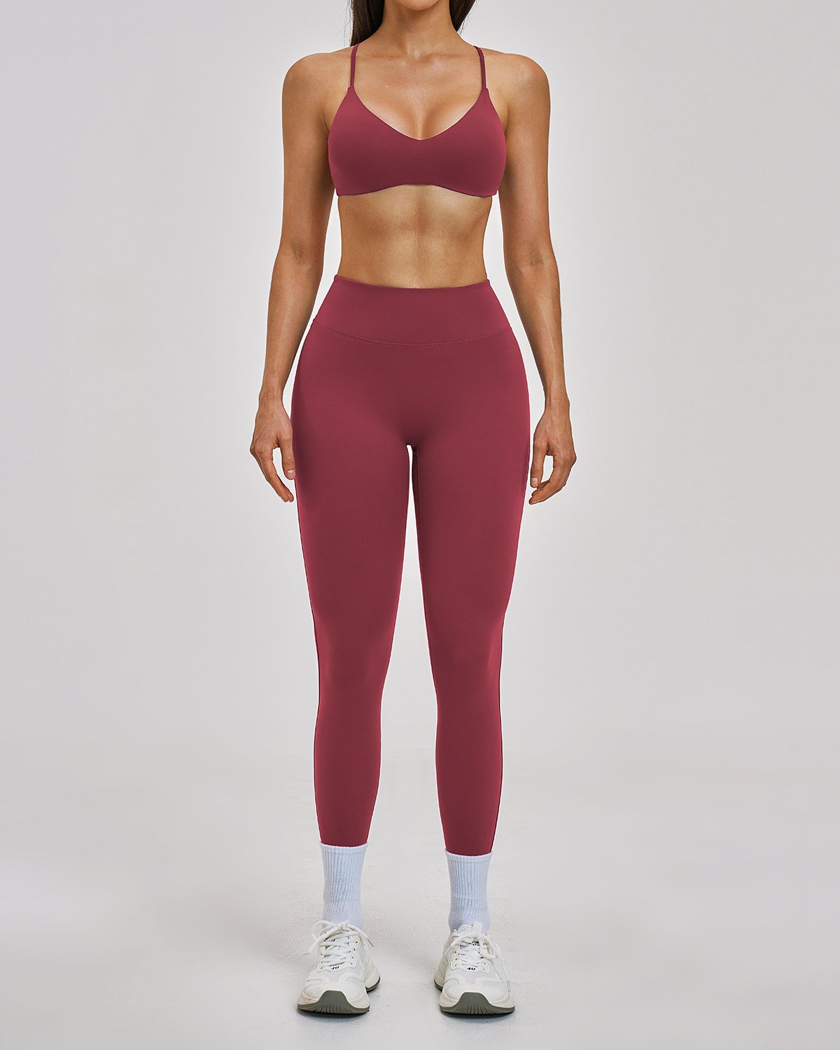 Women's Cut-and-Sew Yoga Set NS113-1 in Burgundy