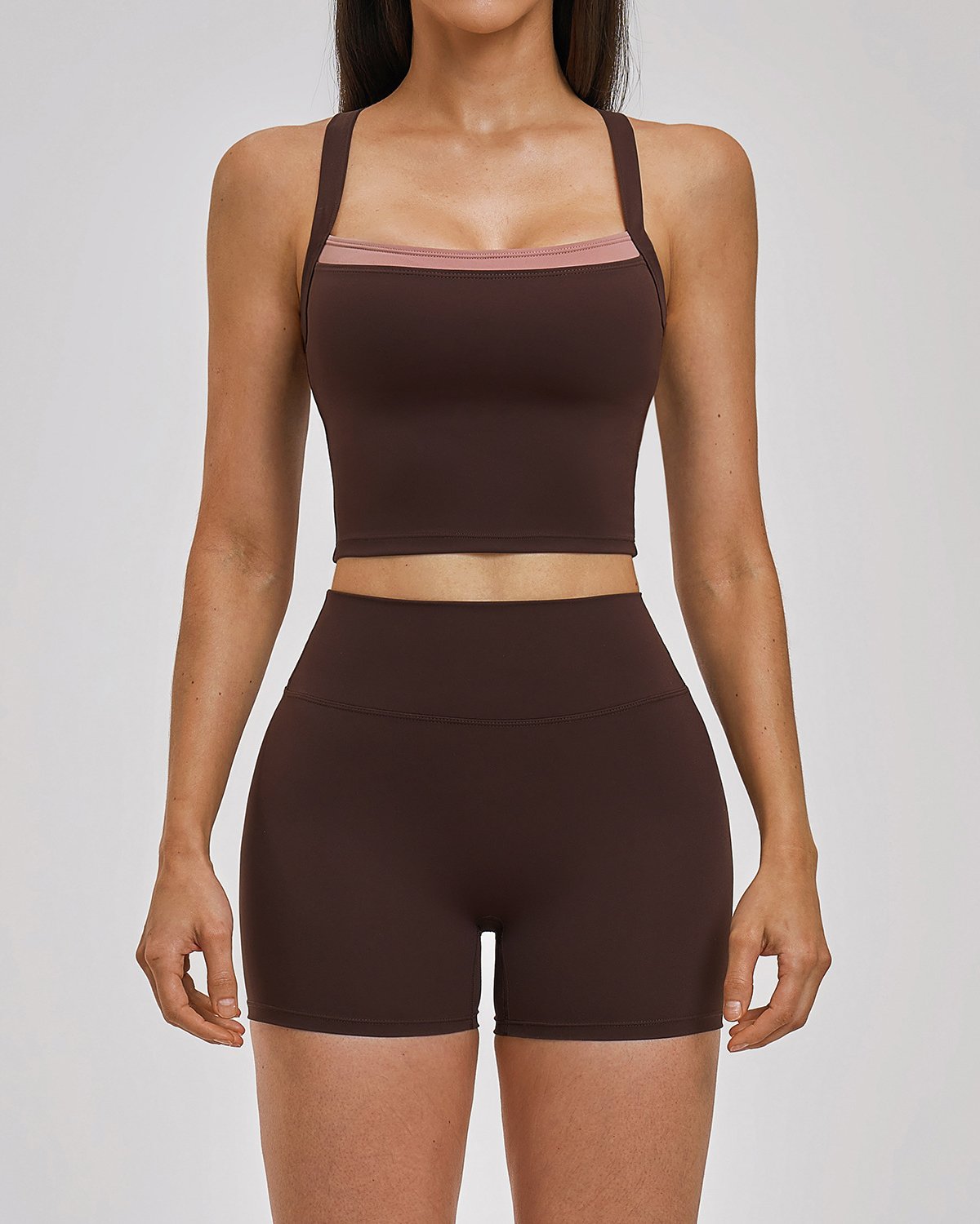 Women's Cut-and-Sew Yoga Set NS116 in Brown