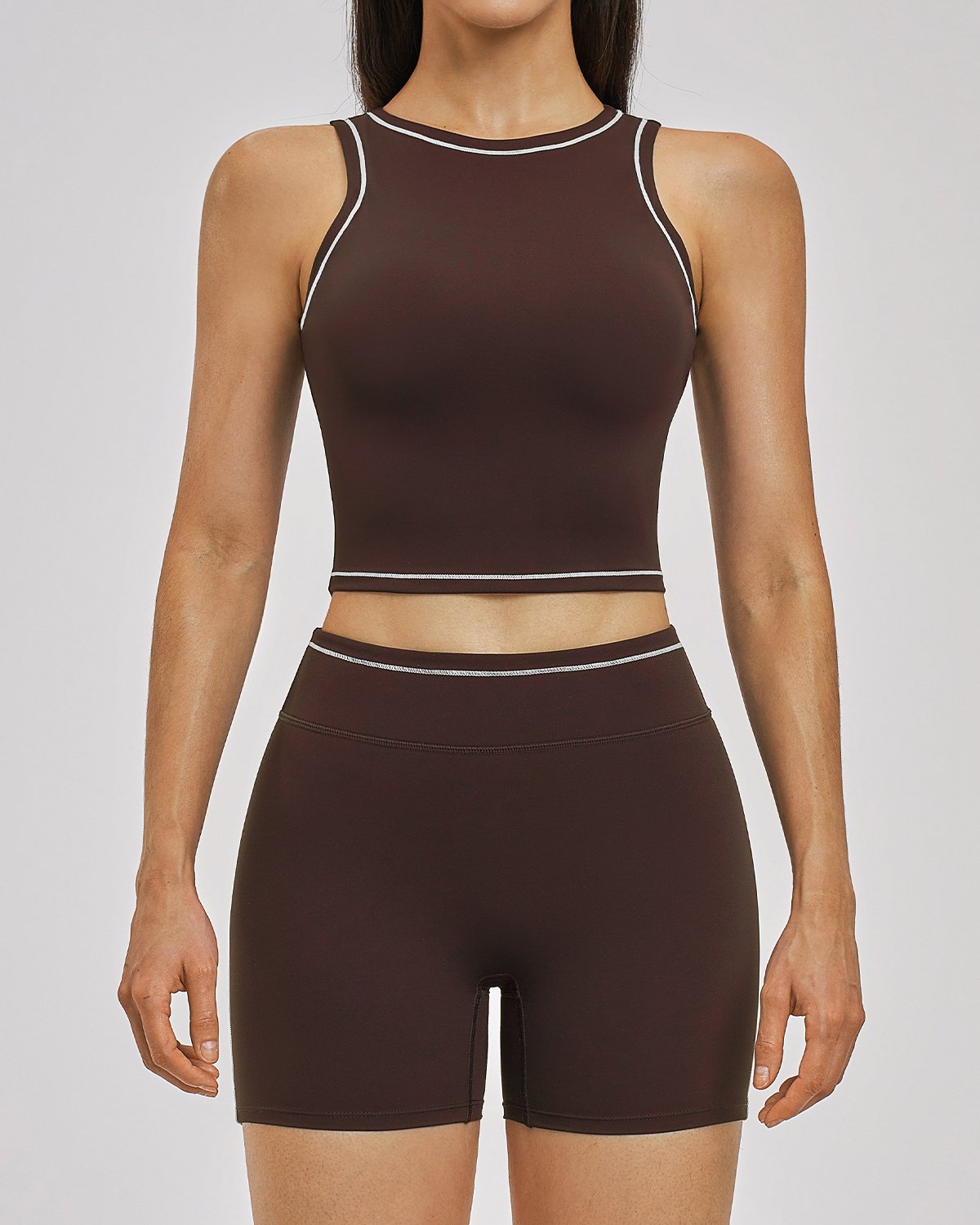 Women's Cut-and-Sew Yoga Set NS118 in Brown