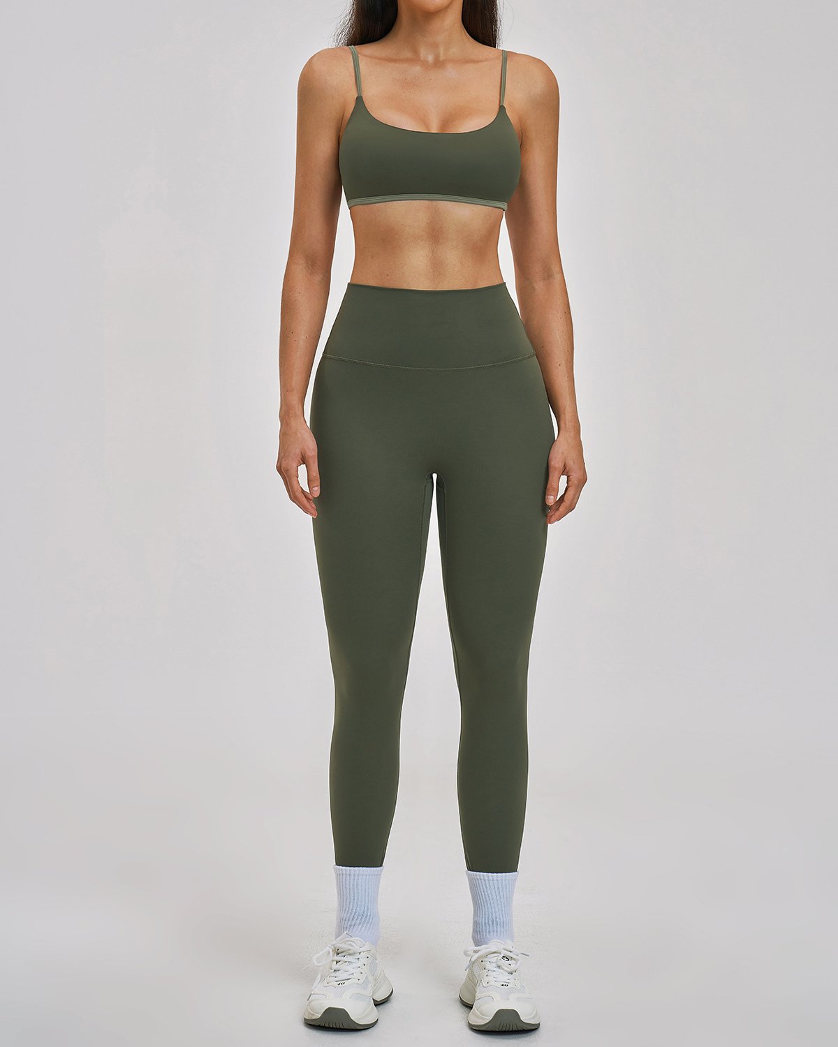 Women's Cut-and-Sew Yoga Set NS124 in Olive Green