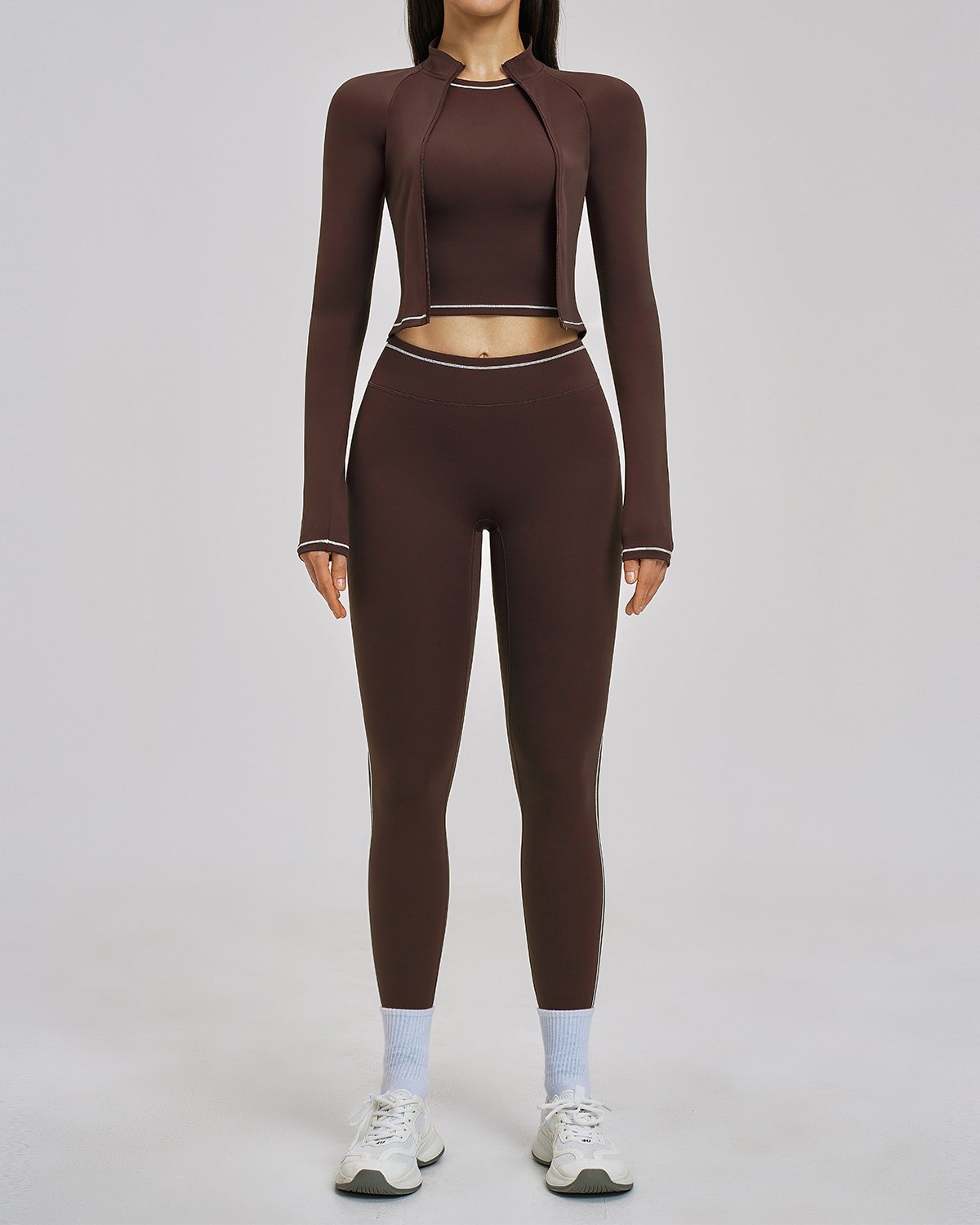 Women's Cut-and-Sew Yoga Set NS125 in Brown