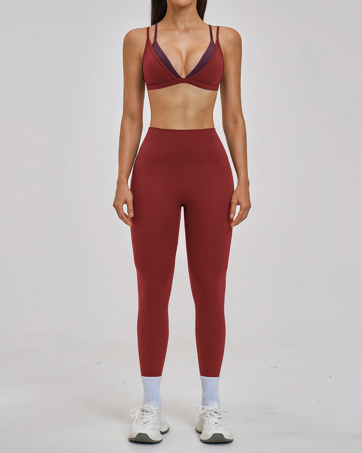 Women's Cut-and-Sew Yoga Set NS139 in Burgundy