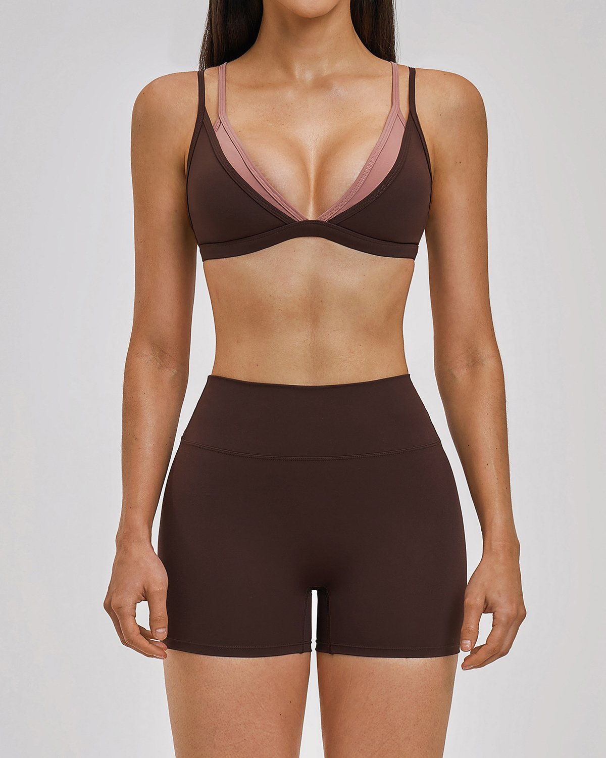 Women's Cut-and-Sew Yoga Set NS140 in Brown