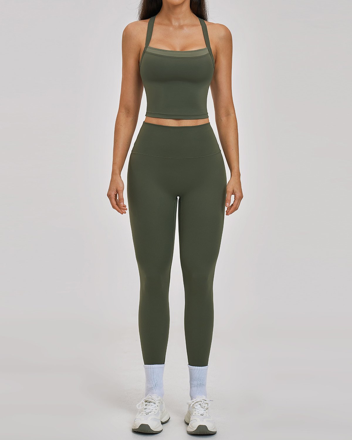 Women's Cut-and-Sew Yoga Set NS141 in Olive Green