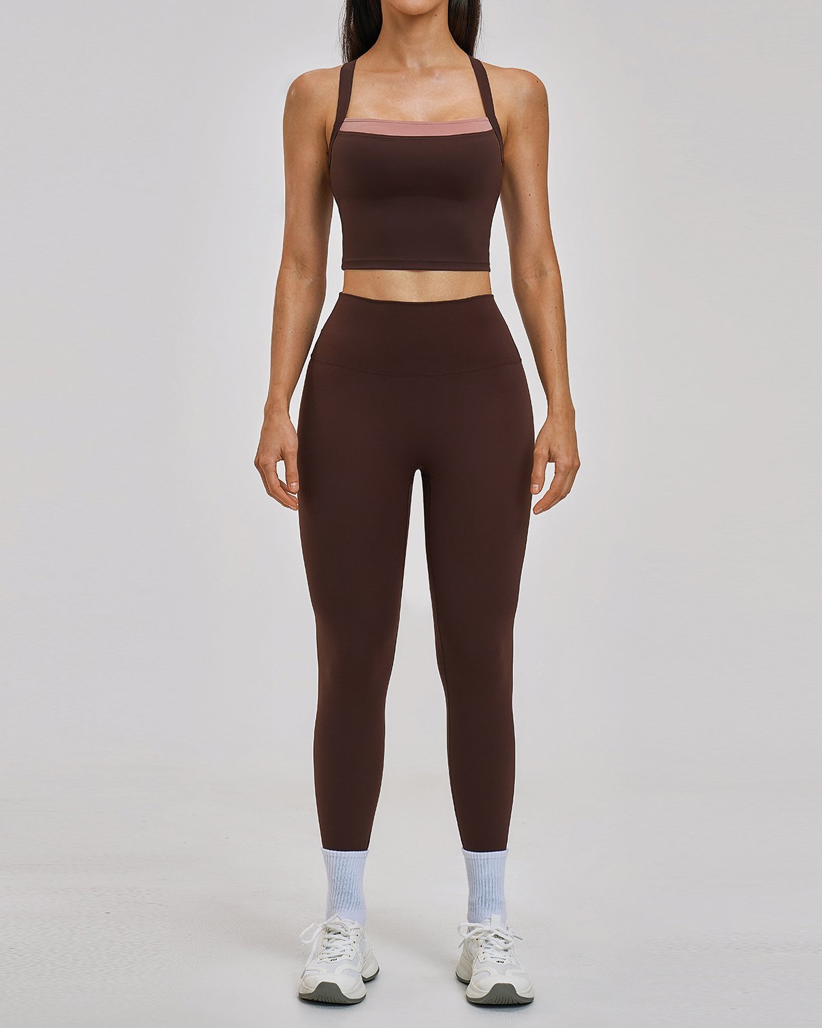 Women's Cut-and-Sew Yoga Set NS141 in Brown
