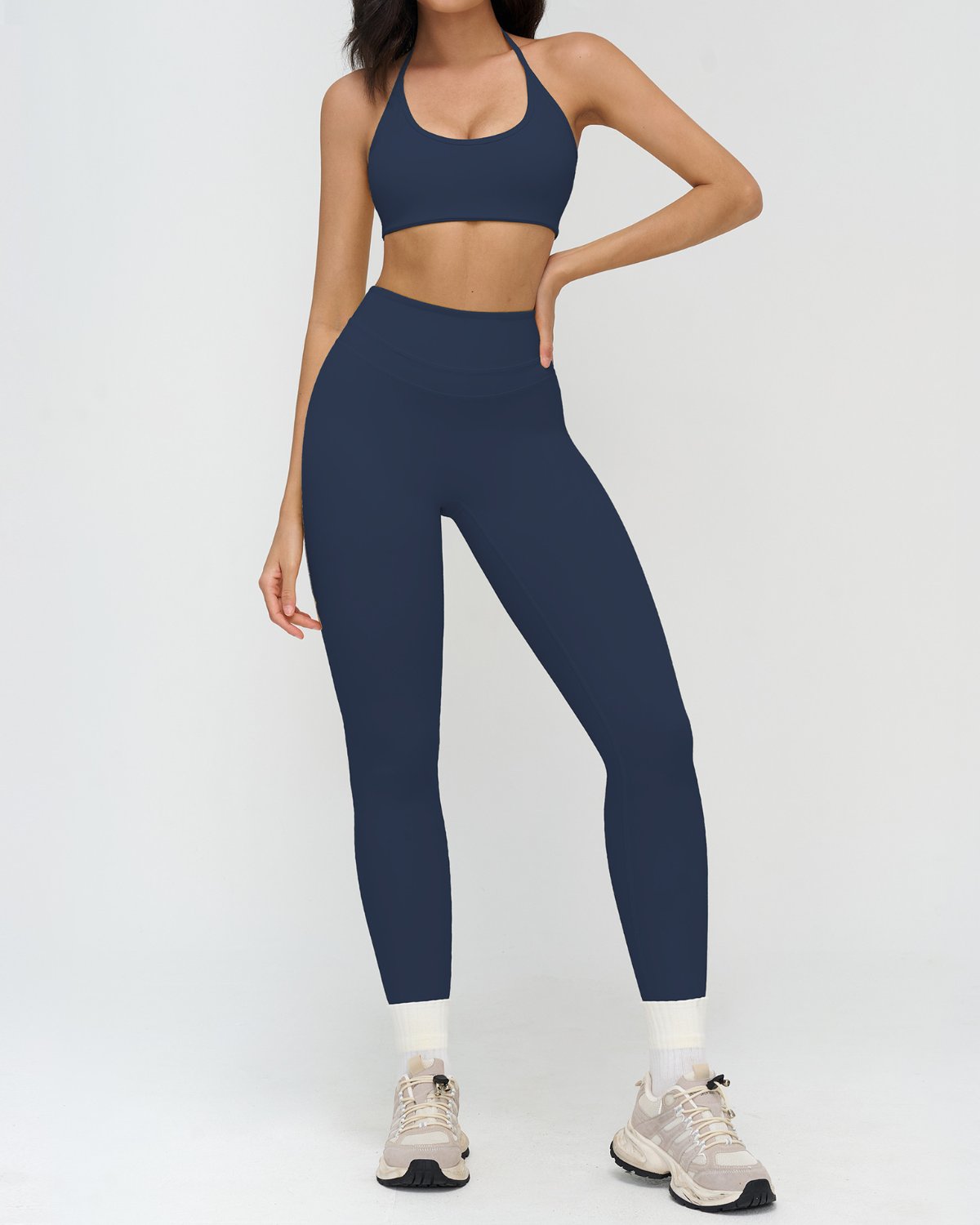 Women's Cut-and-Sew Yoga Set NS163 in Navy