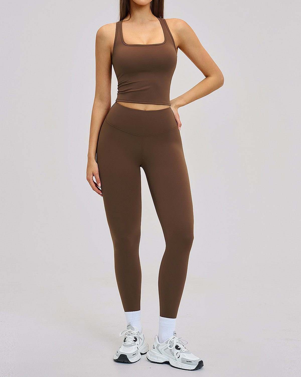 Women's Cut-and-Sew Yoga Set NS164 in Brown