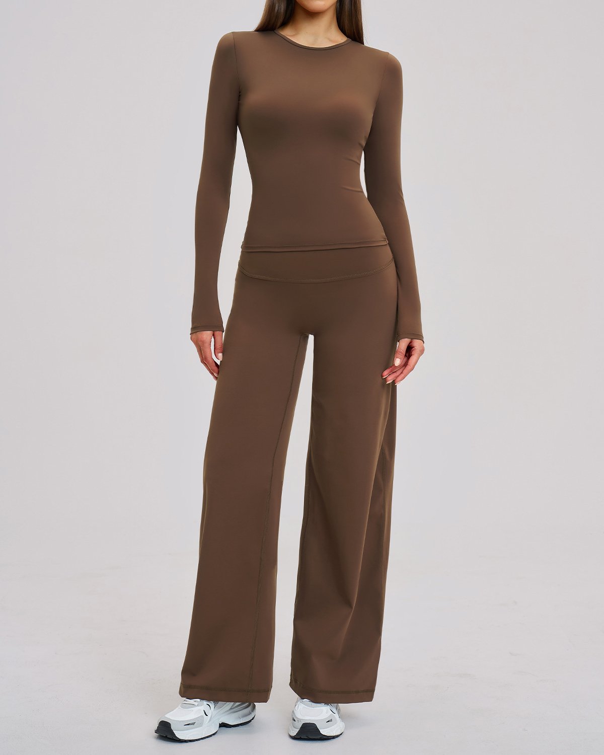 Women's Cut-and-Sew Yoga Set NS165 in Brown
