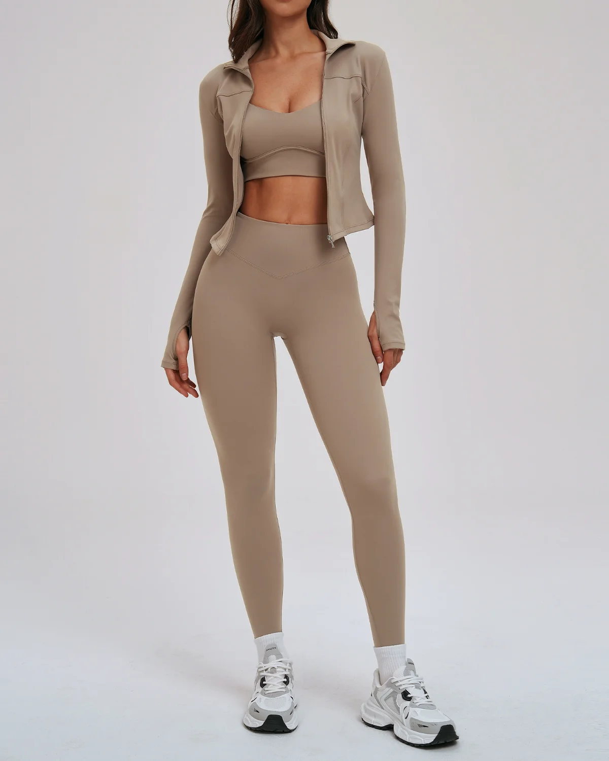 Women's Cut-and-Sew Yoga Set NS188-1 in Beige