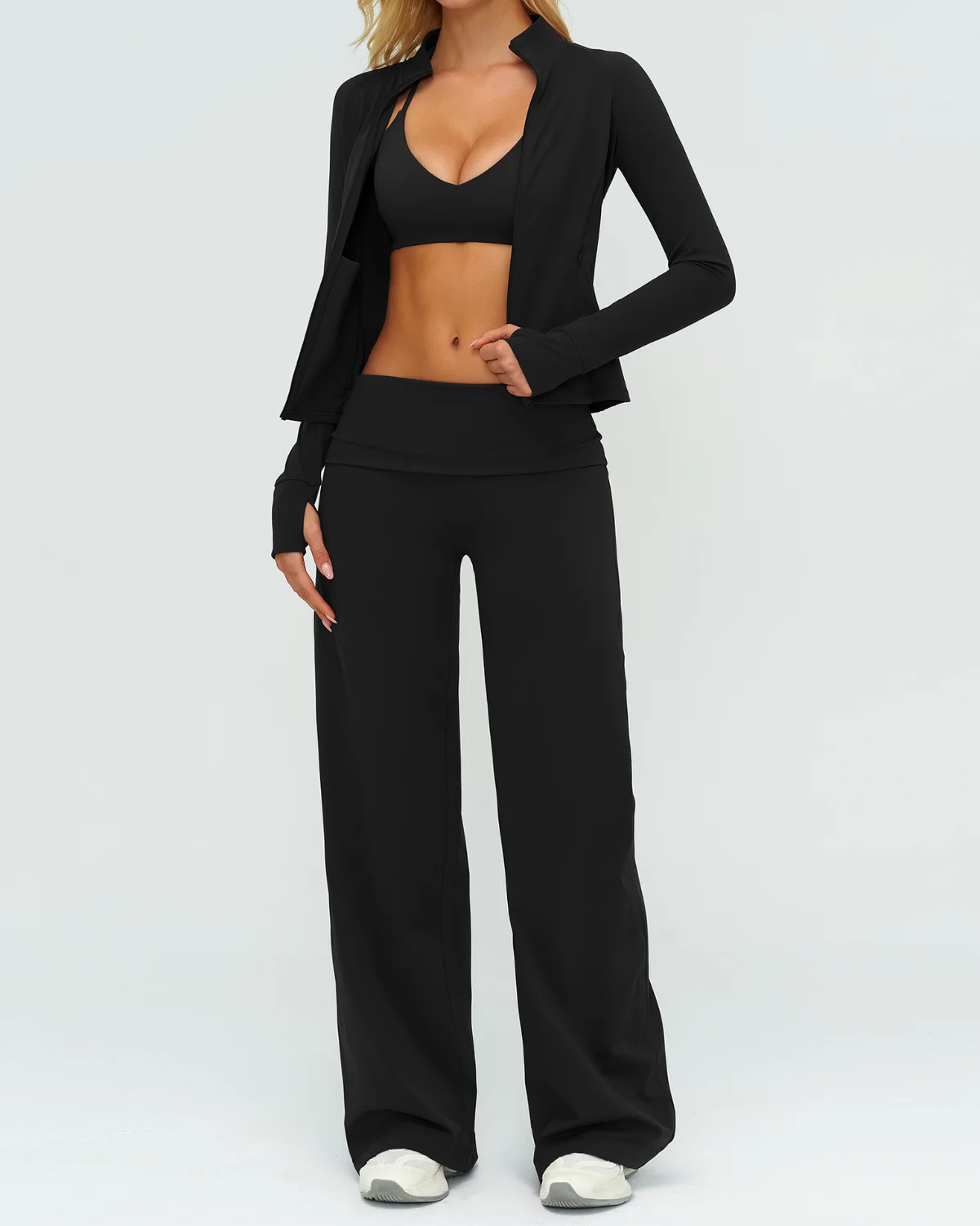 Women's Cut-and-Sew Yoga Set NS197-1 in Black