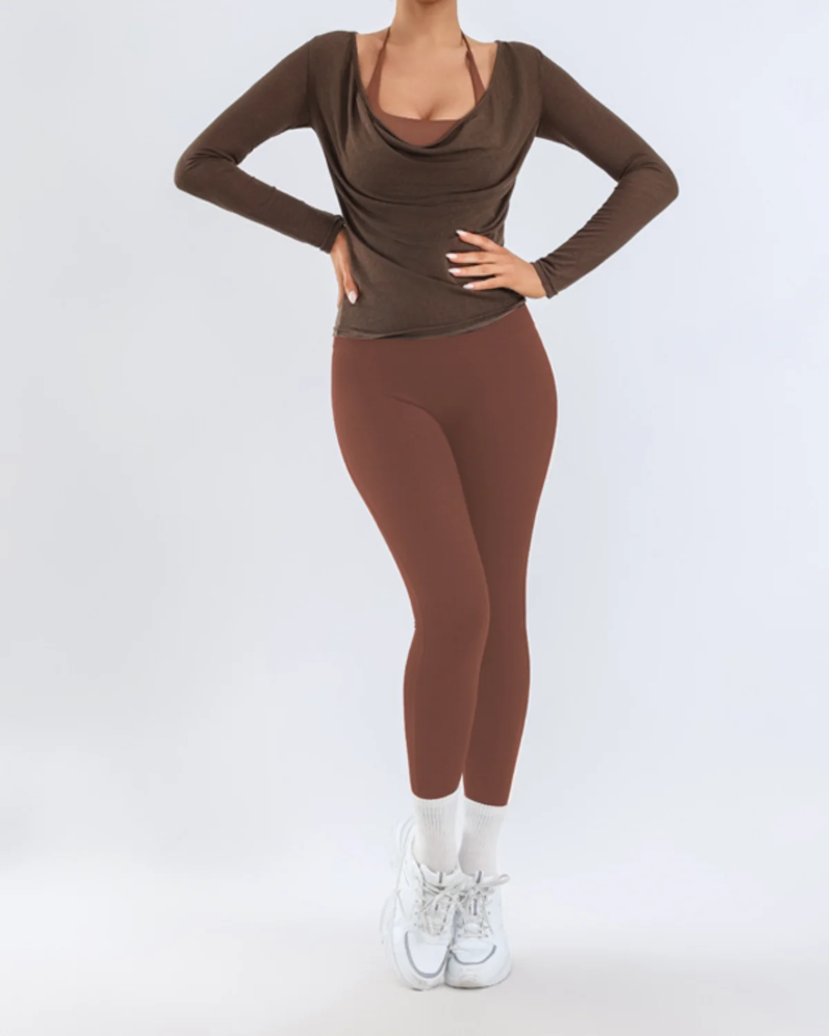 Women's Cut-and-Sew Yoga Set NS213 in Brown