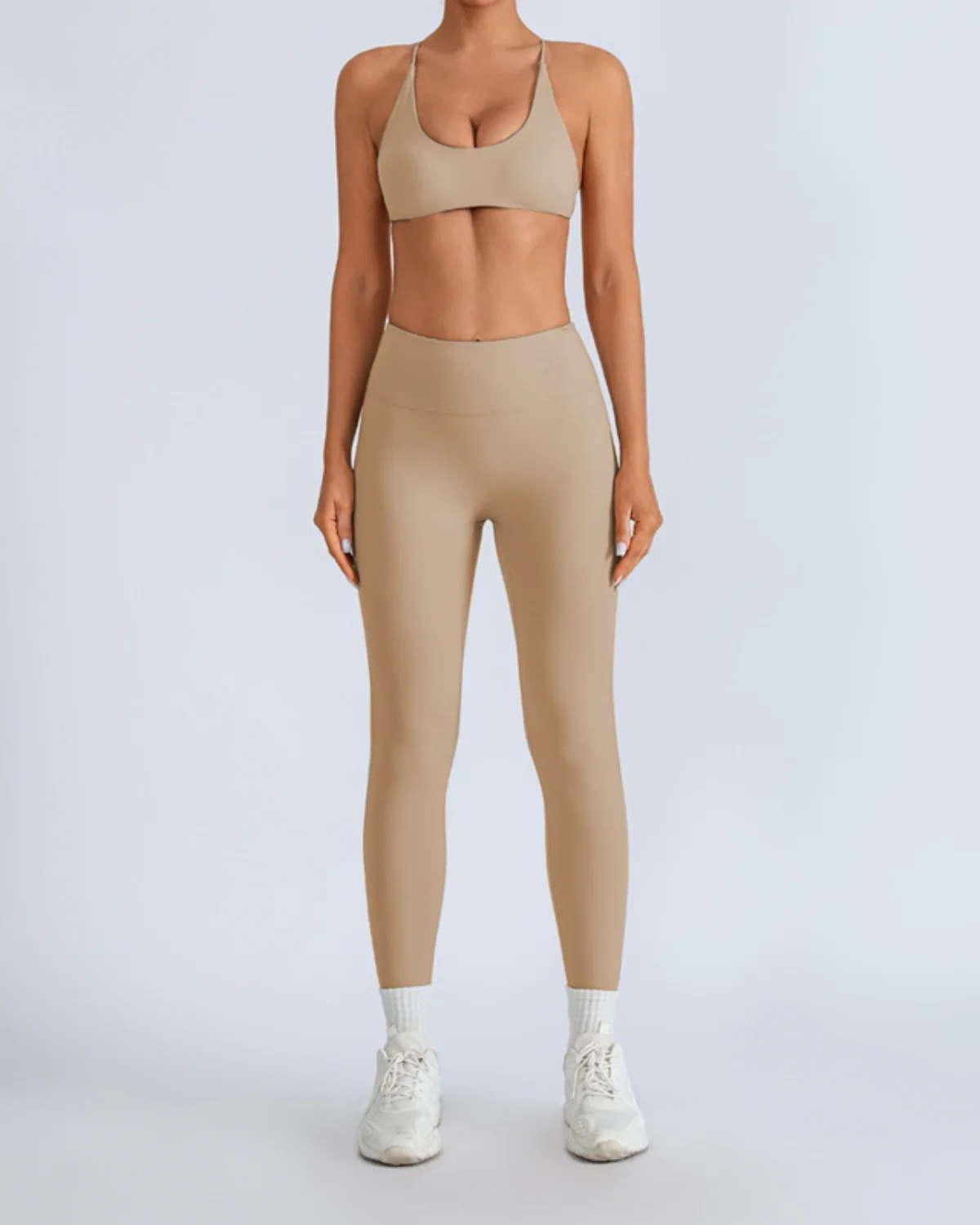 Women's Cut-and-Sew Yoga Set NS219 in Beige