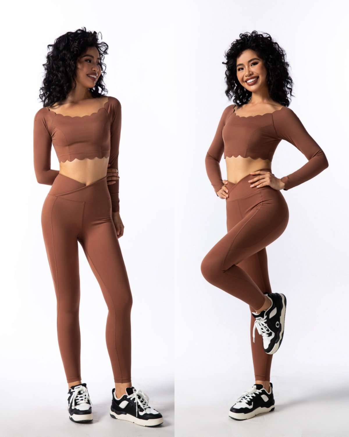 Women's Cut-and-Sew Yoga Set NS23 in Dark Coffee Red Brown