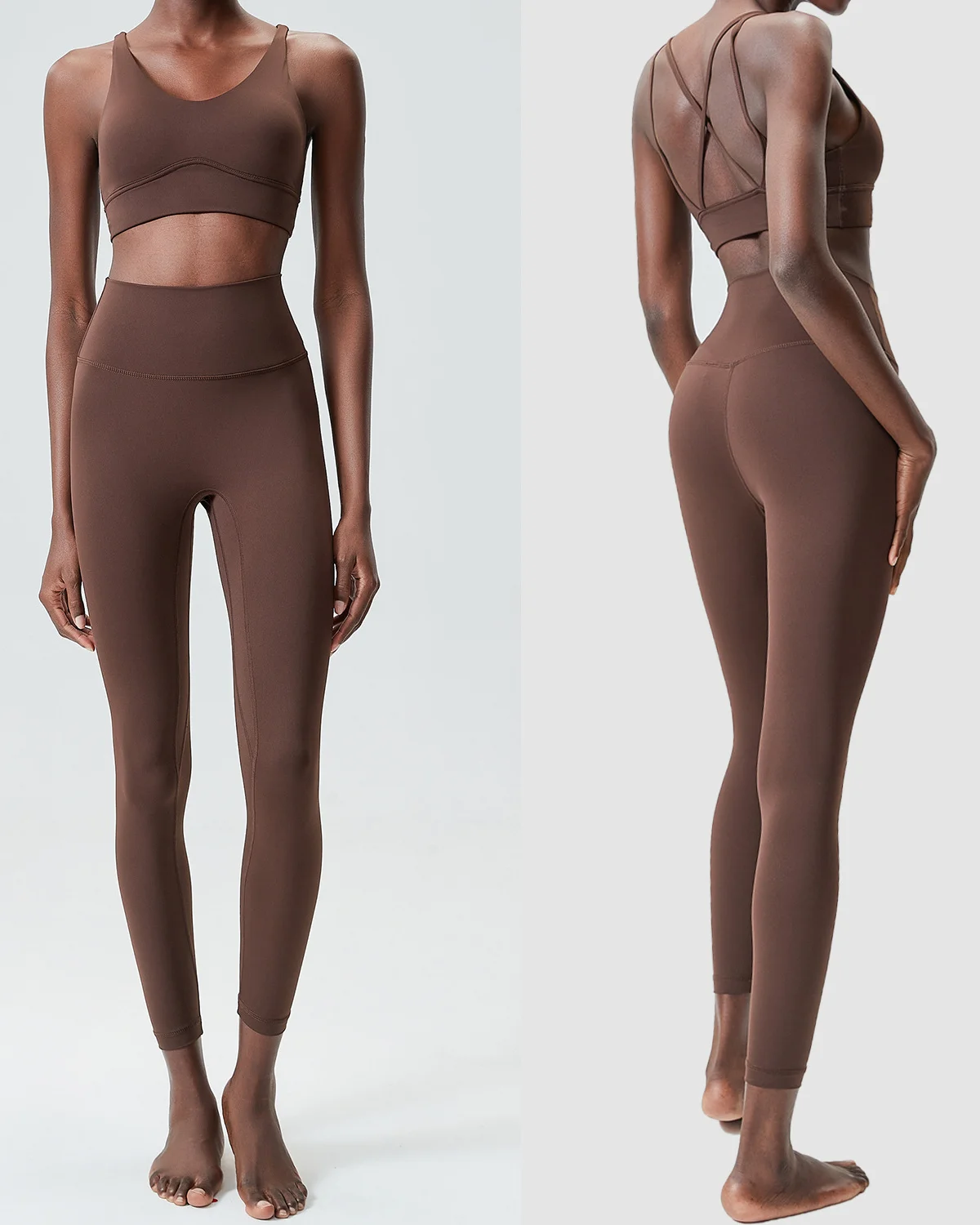 Women's Cut-and-Sew Yoga Set NS247 in Brown