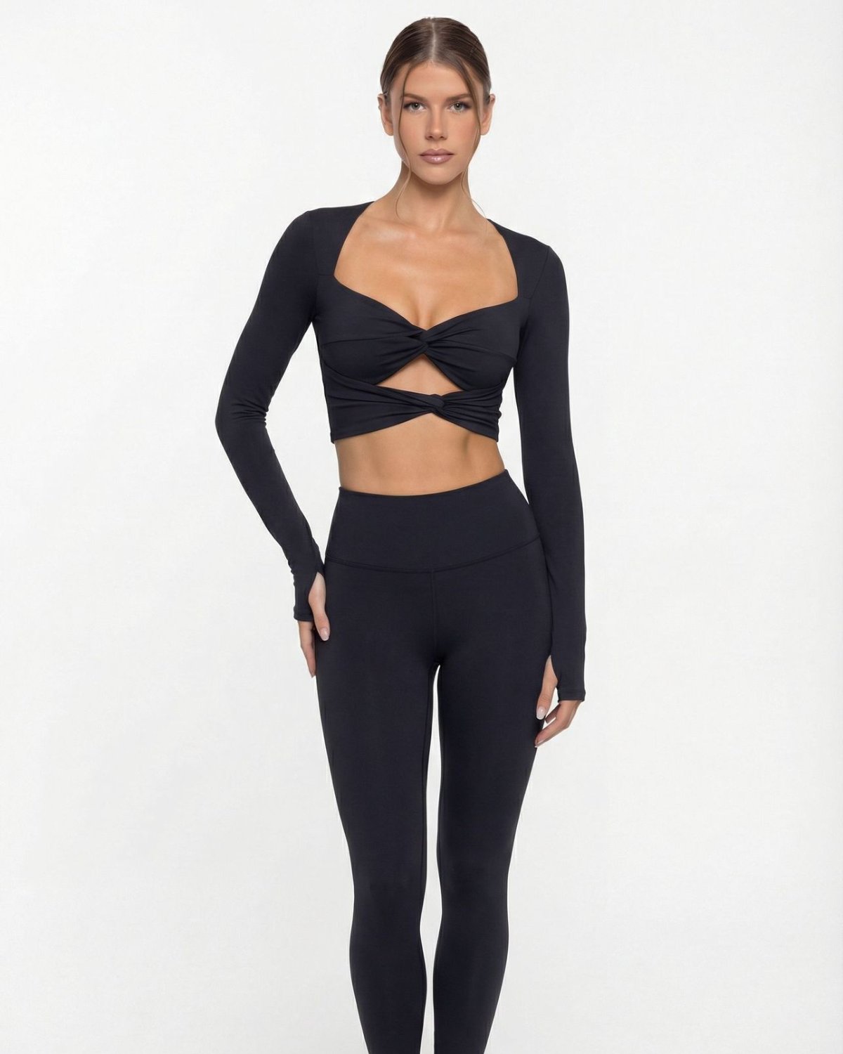 Women's Cut-and-Sew Yoga Set NS28 in Black