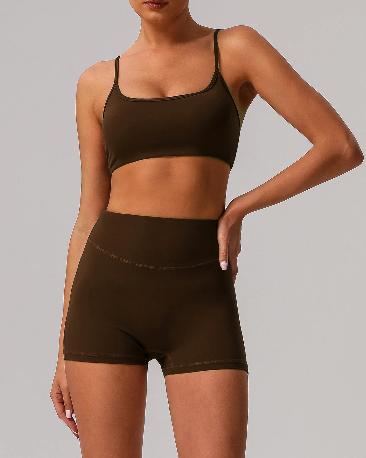 Women's Cut-and-Sew Yoga Set NS282 in Dark Brown