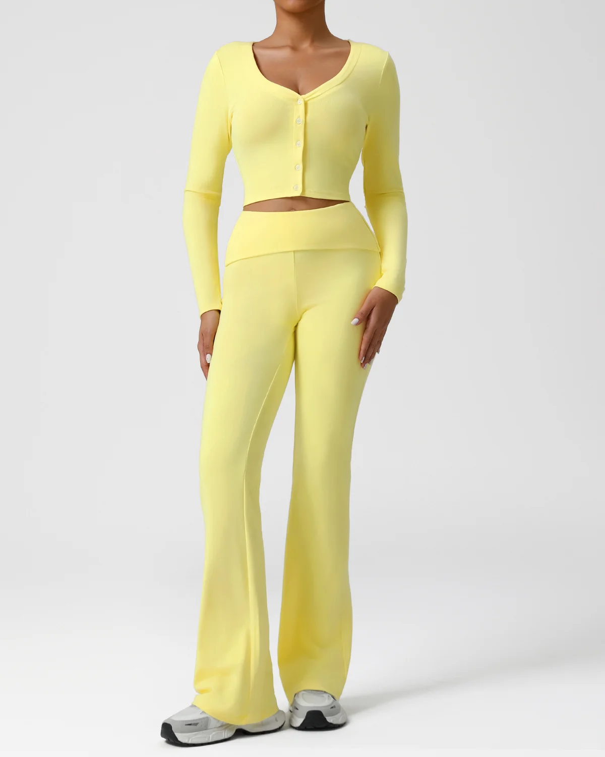Women's Cut-and-Sew Yoga Set NS385 in Pale Yellow