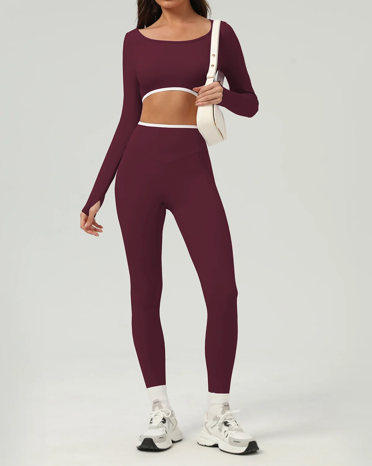 Women's Cut-and-Sew Yoga Set NS397 in Wine