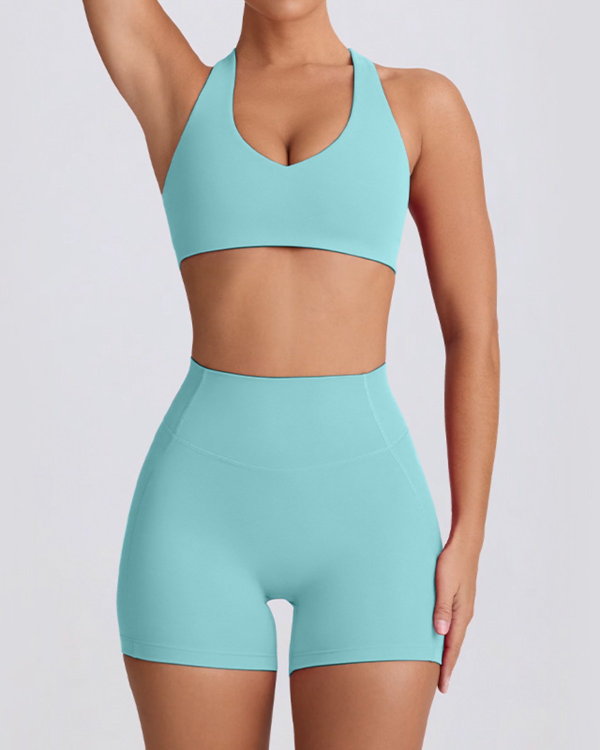 Women's Cut-and-Sew Yoga Set NS49 in Light Lake Blue