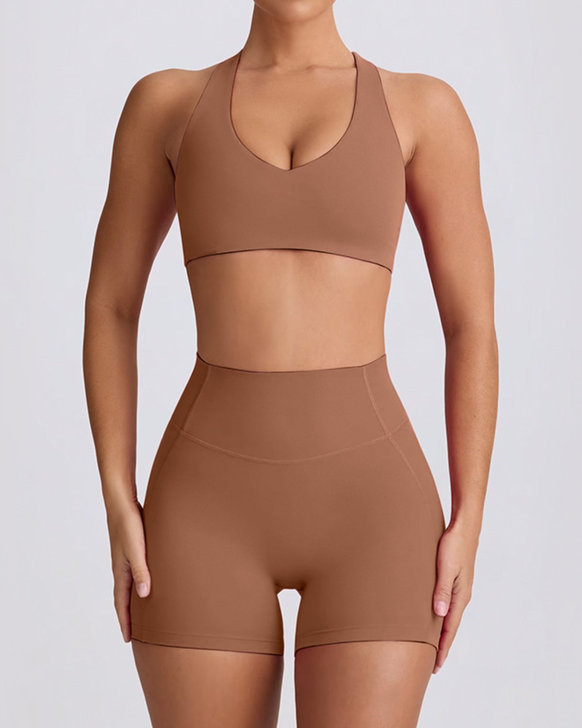 Women's Cut-and-Sew Yoga Set NS49 in Dark Coffee Brown