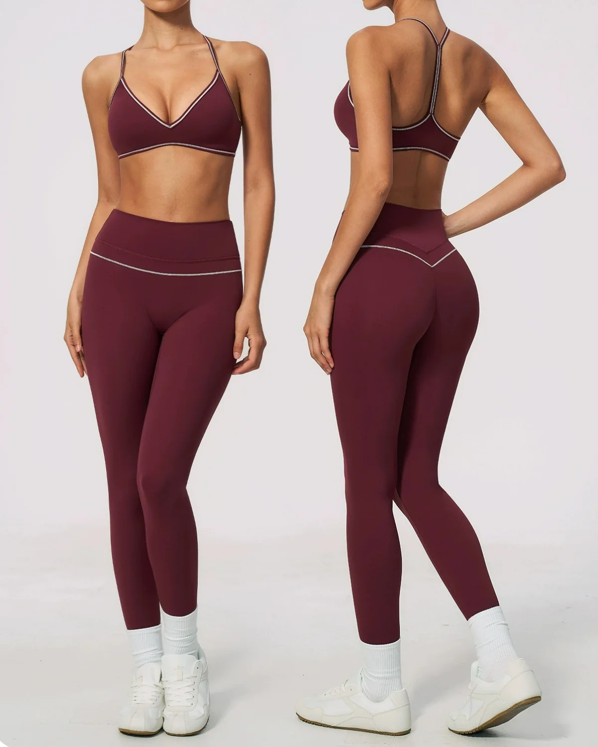 Women's Cut-and-Sew Yoga Set NS610-1 in Wine