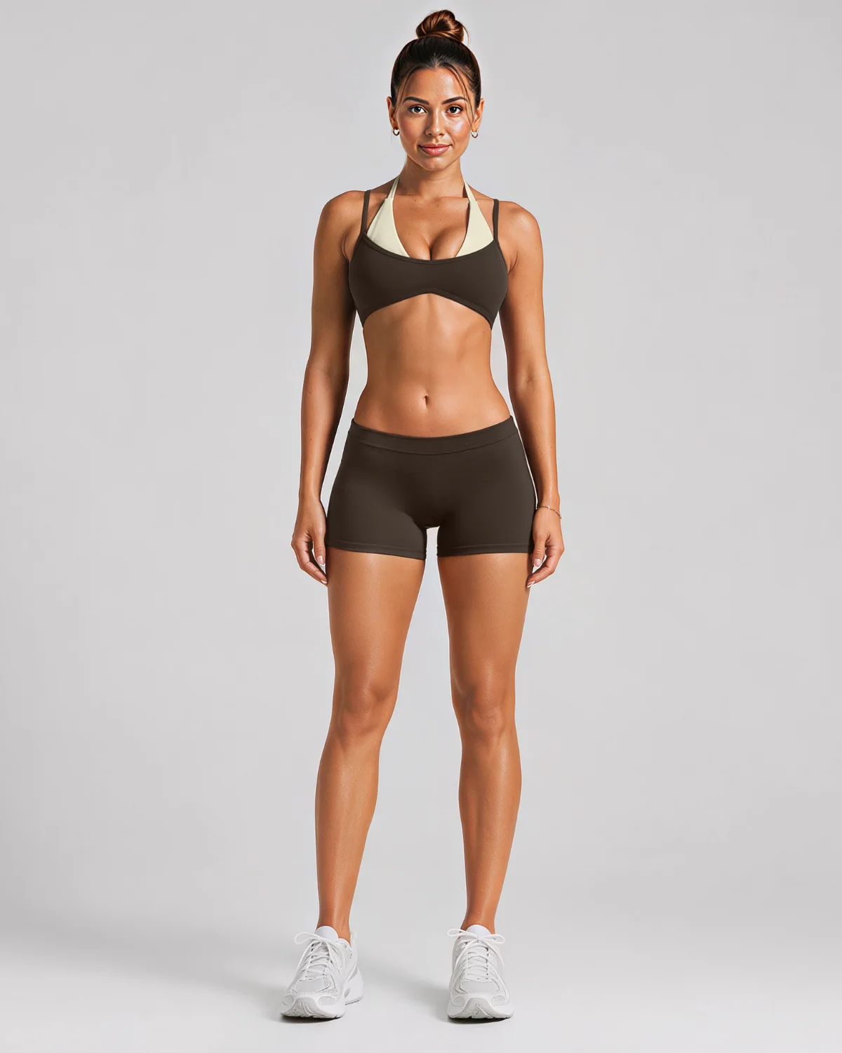 Women's Cut-and-Sew Yoga Set NS618-1 in Tan