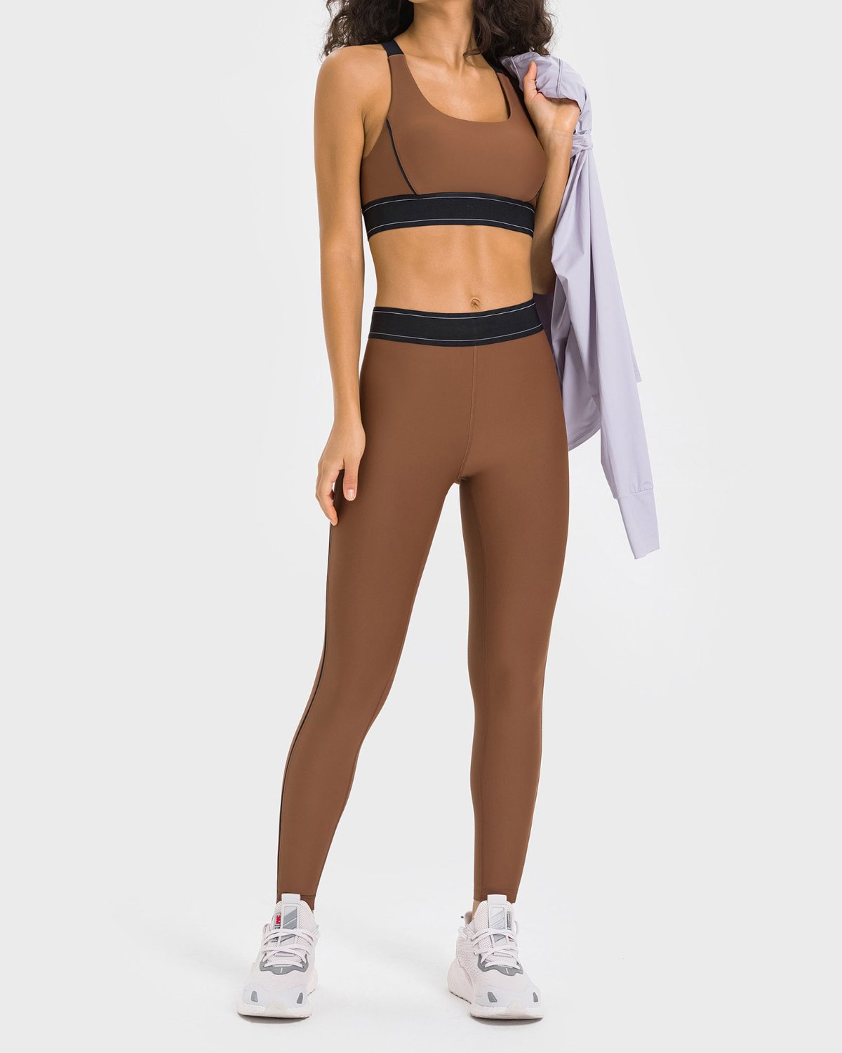 Women's Cut-and-Sew Yoga Set NS77 in Brown