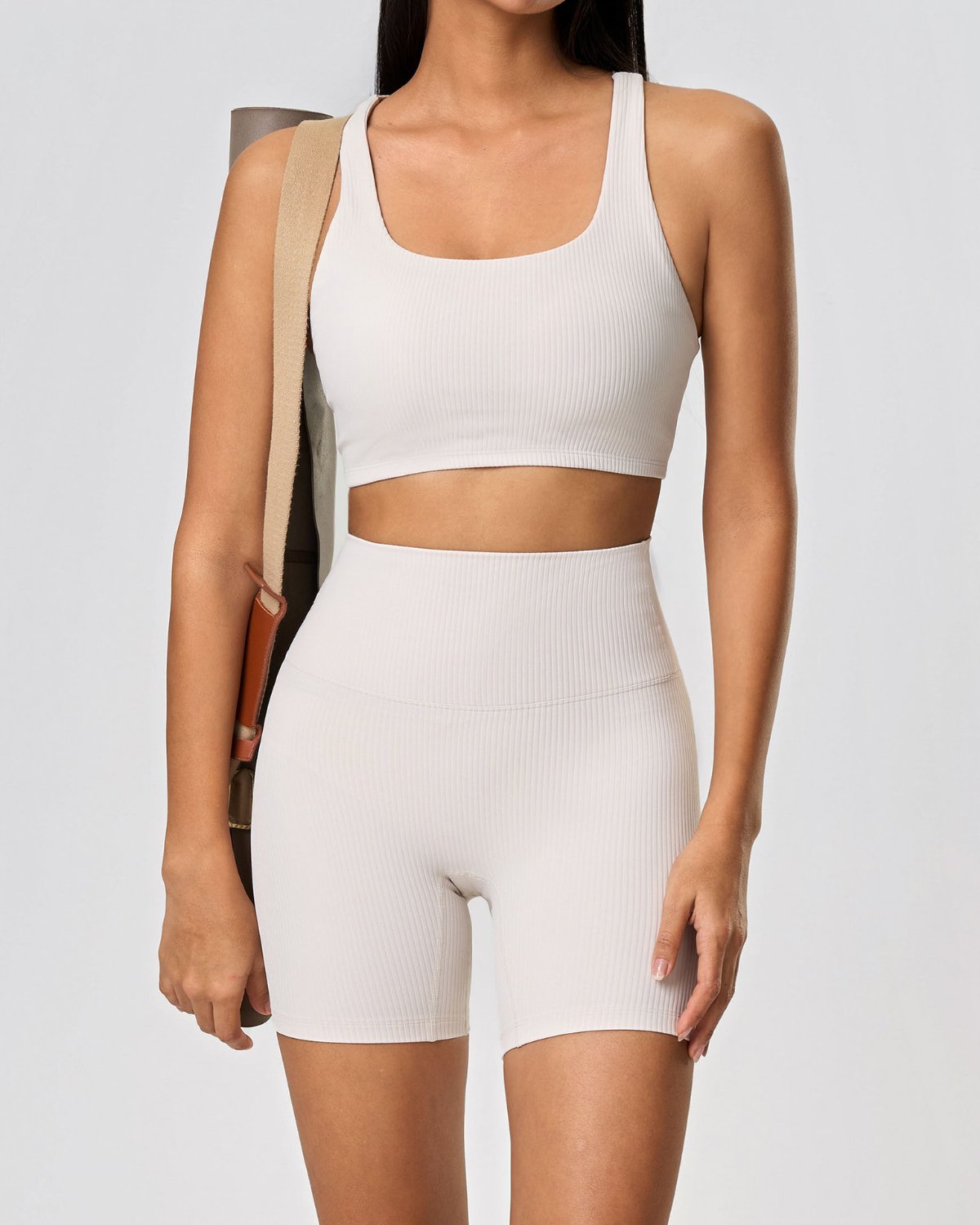 Women's Cut-and-Sew Yoga Set NS79 in Beige