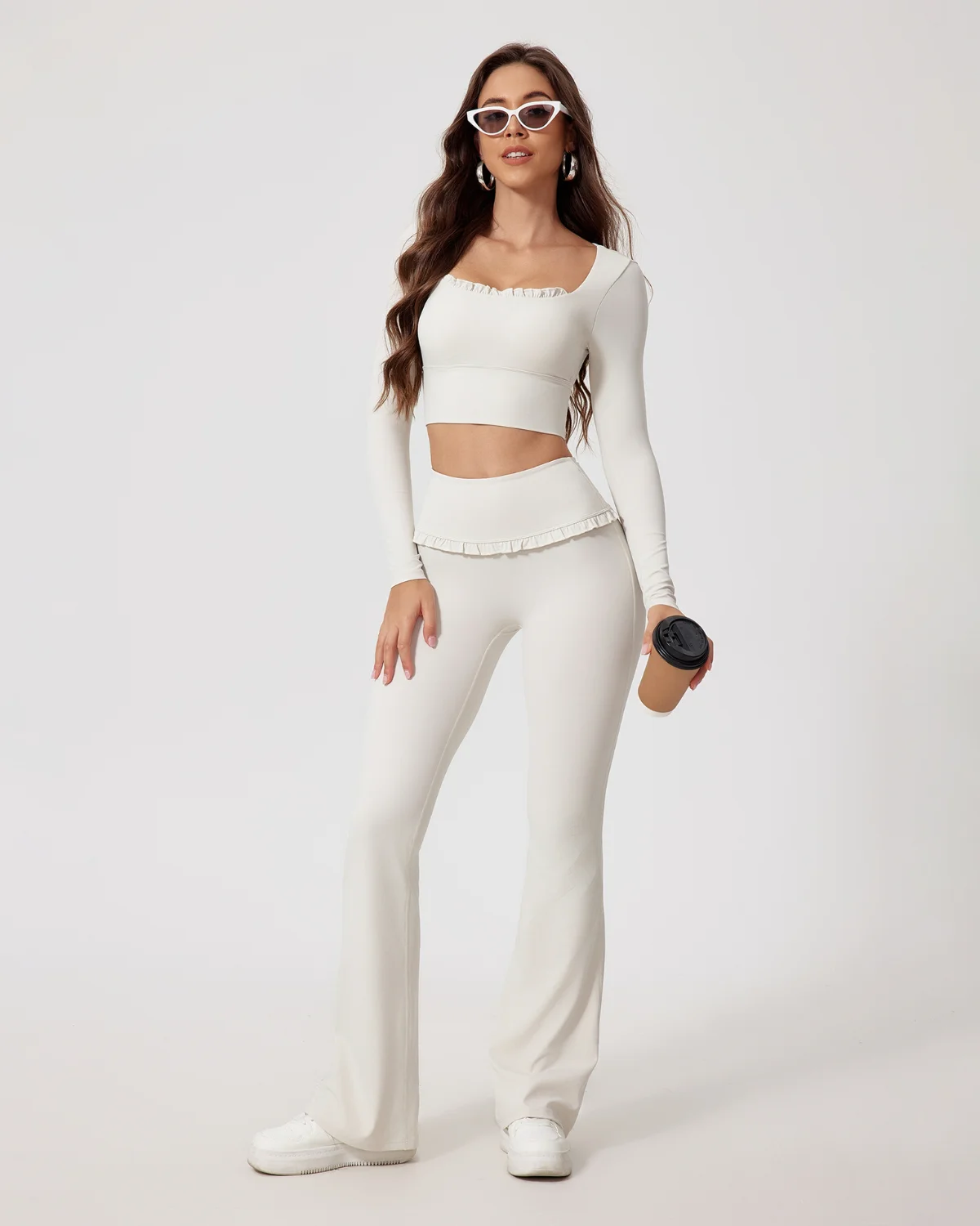 Women's Cut-and-Sew Yoga Set NS89 in White