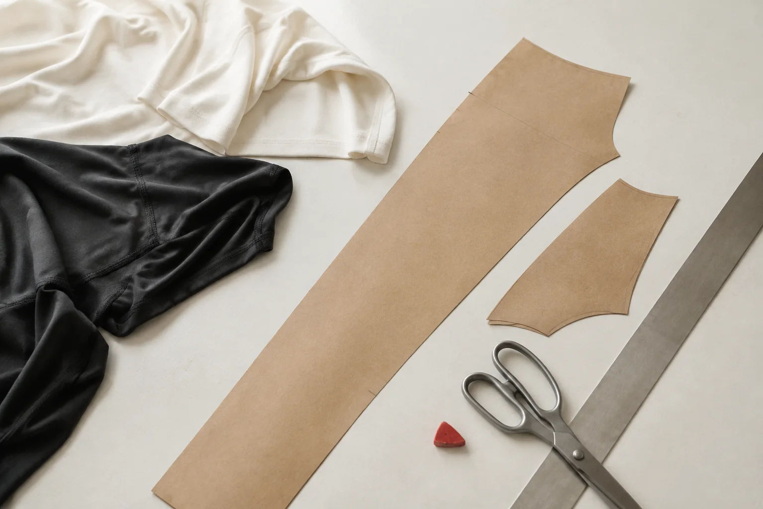 Illustrative paper patterns, black and ivory fabric, scissors and tailor chalk on a cutting table