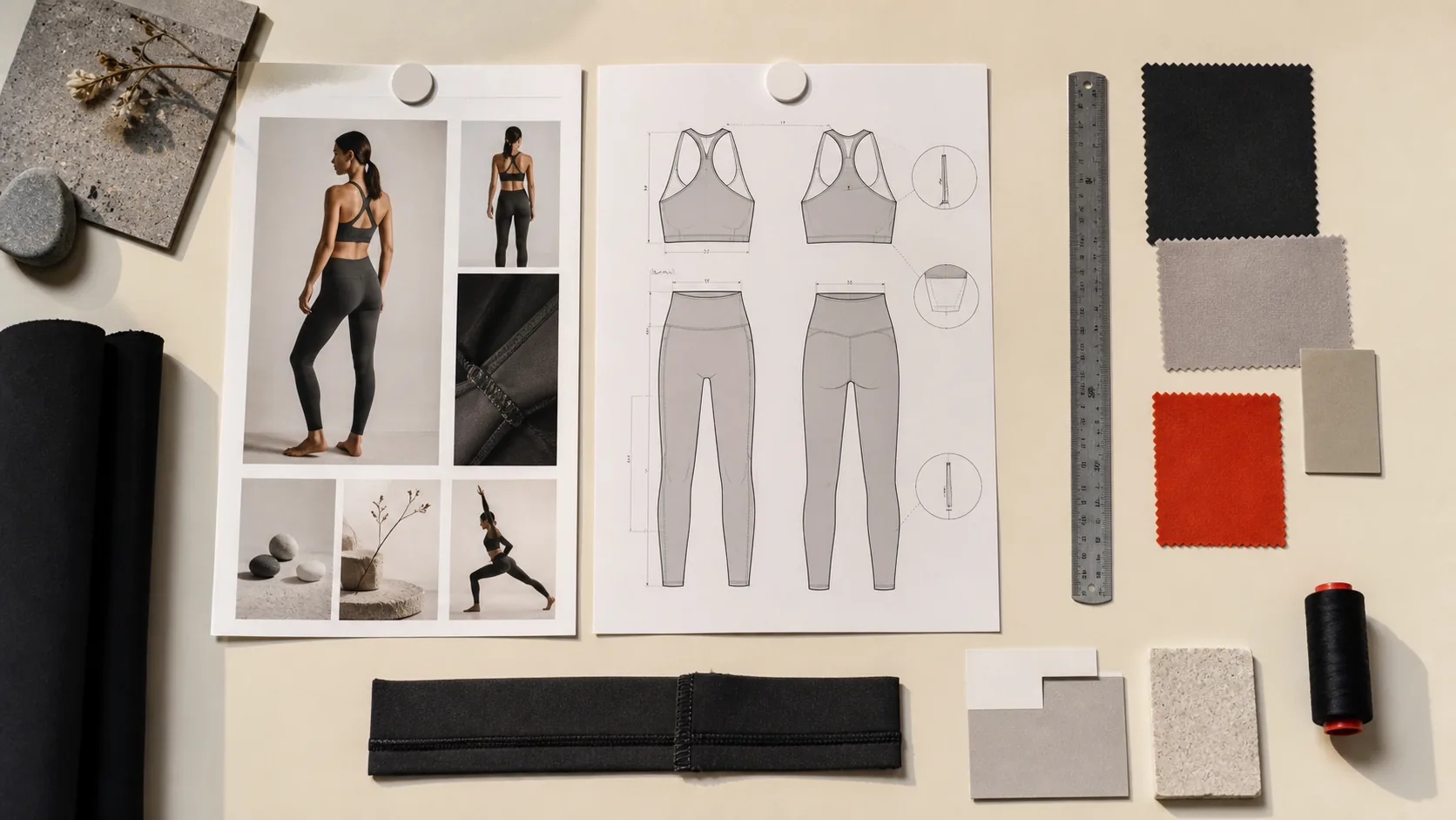 Illustrative activewear sketches and specification references