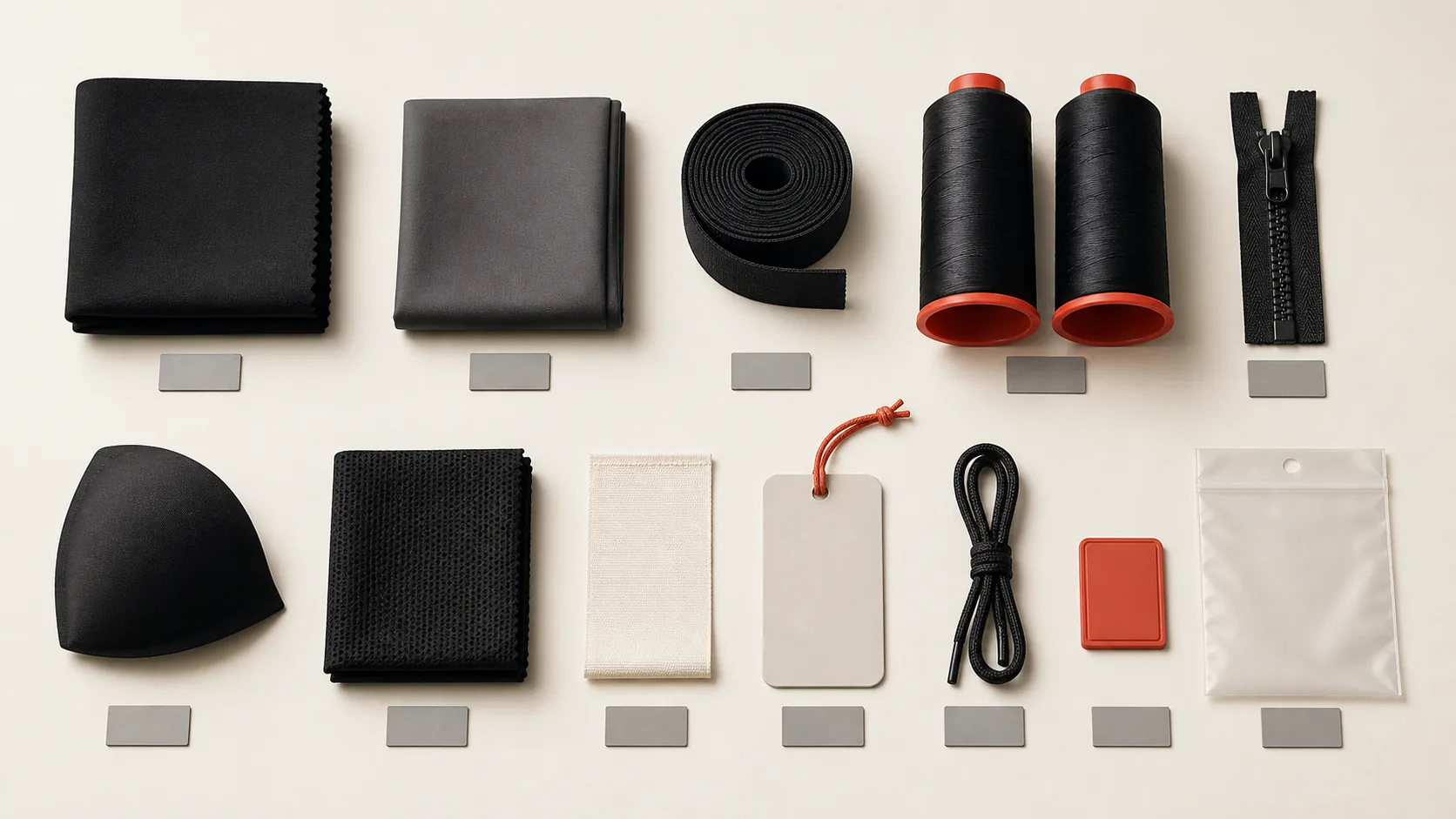 Illustrative garment components and material references for a bill of materials