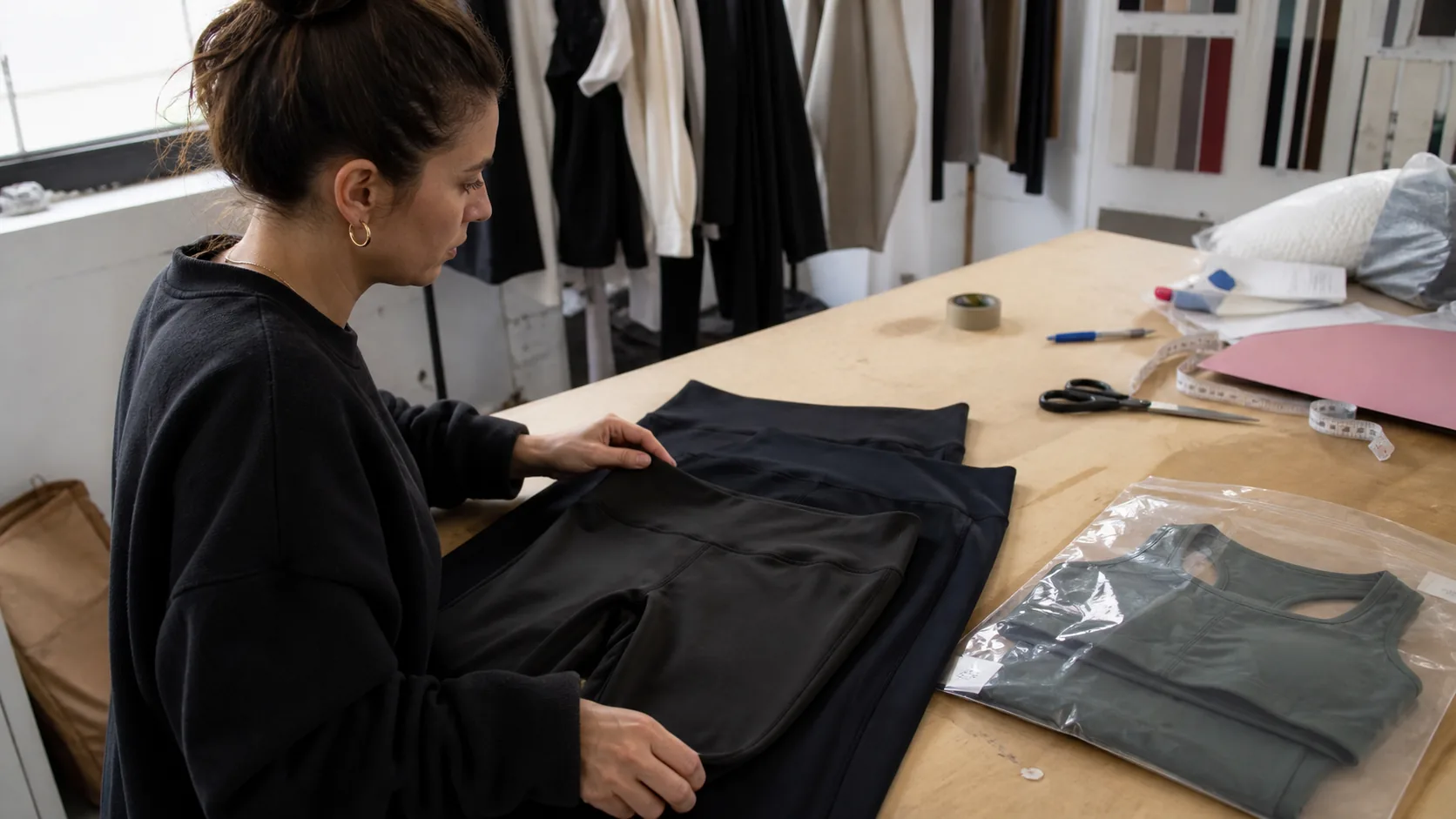 Product developer comparing graded black leggings with a separately packaged final yoga set