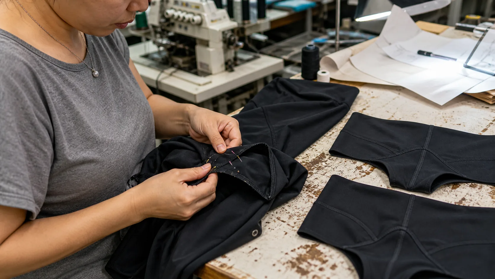 Sample maker pinning a black legging gusset beside alternative crotch constructions in a sewing room