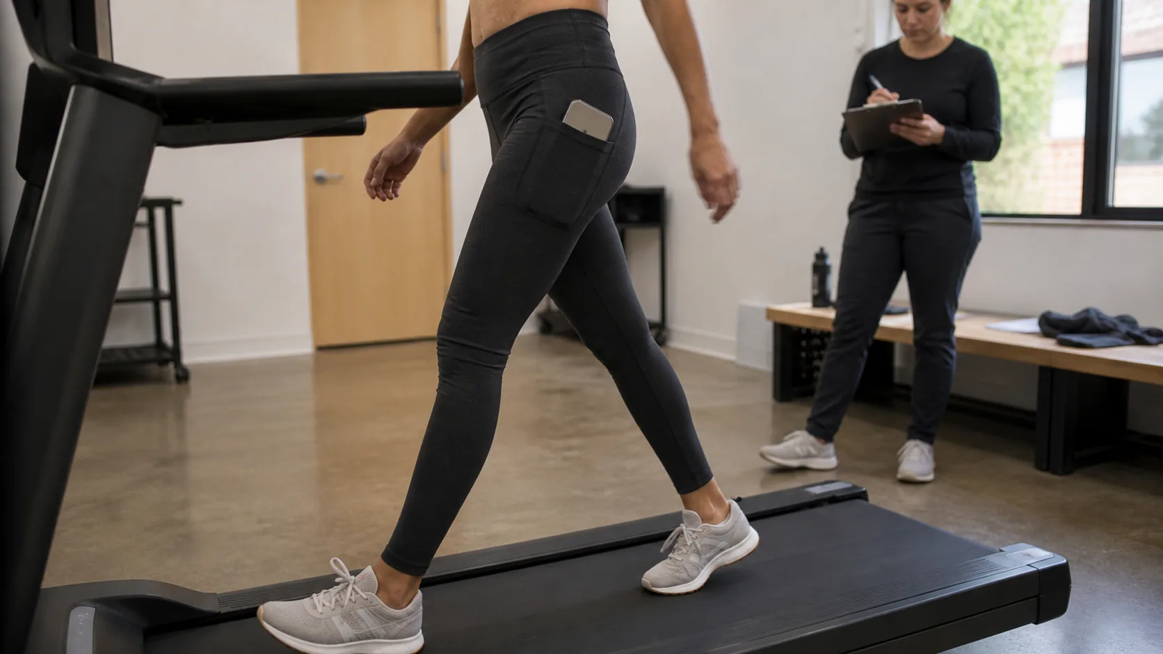 Adult fit model walking on a treadmill with a neutral test block in a yoga legging side pocket
